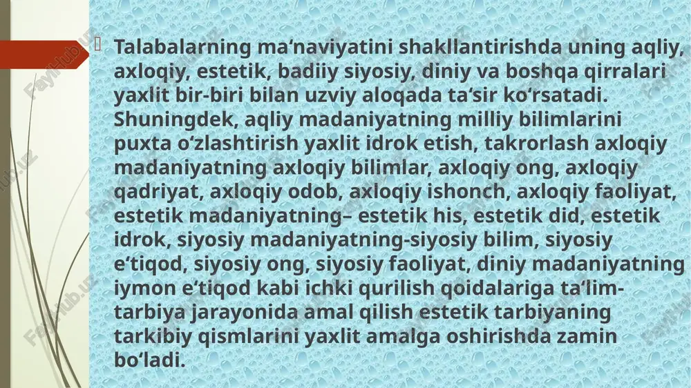 aroiti va tarixiy davri kabi qator jihatlar ta‘sir etishi mumkin. jumladan, o‘zbek xalqining milliy an‘analari va xalq pedagogikasi nodir manbalaridan xalq o‘yinlari, milliy urf-odatlar, marosimlar, rasm-rusumlari ham kiradi-ki, ularni bugungi kunda o‘quvchilar ongiga singdirish orqali o‘quvchilarni estetik madaniyatini shakllantirishga yangicha yondashishni ilmiy pedagogik jihatdan tashkil etishga olib keladi. yoshlar ma‘naviyatini shakllantirishda xalq milliy qadriyatlaridan foydalanishning o‘ziga xos imkoniyatlari quyidagi muammolarni hal qilishda yordam beradi: - ta‘lim muassasasi negizida ta‘lim-tarbiya tizimini milliylashtirish; - har bir o‘quvchi hatti-harakati, xulq-atvori, dunyoqarashida umuminsoniy milliy an‘analarni tarkib toptirishda tayanch bo‘lish; - o‘quvchilarni milliy va umumbashariy madaniyat manbalarining mohiyatini chuqur anglab yetishga dastirli yo‘llanma berish; - o‘qituvchi pedagoglarni talabalar ma‘naviyatini shakllantirish jarayonida ta‘limtarbiyaning samarali-shakl, usul va vositalarini to‘g‘ri tanlash; - talabani milliy an‘analar orqali jahon miqiyosidagi ijtimoiy, iqtisodiy, madaniyati, jarayonlarga intilishni ta‘minlashda asosiy yo‘llanma berish; mazkur tamoyillar negizida xalq an‘analari mazmunida olg‘a surilgan milliy va umuminsoniy kabi yuksak fazilatlarni talaba ongi va faoliyatida shakllantirish o‘z ifodasini …