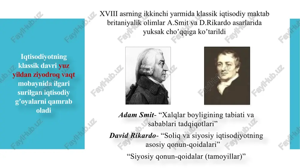 kin savdo tarafdori, tashqi savdoda proteksionizmga qarshi boʼlgan quyidagi sohalar davlat tomonidan qoʼllab-quvvatlanishi tarafdori: mudofaa huquq-tartibot ijtimoiy farovonlik muassasalari «yosh tarmoqlar»ni qoʼllab-quvvatlash maqsad – boylikning shakllanishi va rivojlanish shart-sharoitlarining mohiyatini ochib berish boylik manbai– tadqiqot predmeti– boylik (jamiyatning iqtisodiy rivojlanishi va uning moddiy-turmush darajasini oshirish muammolari) a.smit iqtisodiy qarashlarining meodologik asoslari iqtisodiyot tarmoqlarida yaratilgan barcha moddiy neʼmatlar iqtisodiyot tarmoqlarida boylik yaratuvchi - mehnat mehnat taqsimoti– mehnat unumdorligini oshirishning asosiy omili manufaktura darajasida jamiyat darajasida mehnat taqsimoti boʼlmagan holatda har bir ishchi oʼrtacha 20 ta toʼgʼnogʼich yasashi mumkin ekan. oʼn kishi ishlaydigan ustaxonada mehnat taqsimoti oʼrnatiladi: biri simni tortadi, 2-si toʼgʼrilaydi, 3-si kesadi, 4-si uchini oʼtkirlaydi va hokozo. bu kuniga 4800 ta toʼgʼnogʼich yasash imkonini beradi, demak, mehnat unumdorligi 240 marta oshgan. a.smit iqtisodiy qarashlarining meodologik asoslari “iqtisodiy inson” “tabiiy tartib” tadqiqot usullari: “koʼrinmas qoʼl” a.smit iqtisodiy qarashlarining meodologik asoslari oʼz manfaatlari, foydasi haqida oʼylaydigan inson – egoist insondir bozor munosabatlarining …