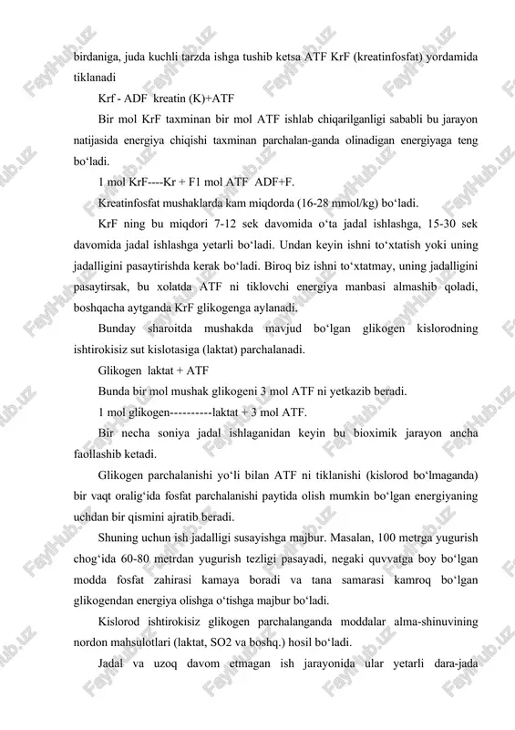 to‘xtatish yoki uning jadalligini pasaytirishda kerak bo‘ladi. biroq biz ishni to‘xtatmay, uning jadalligini pasaytirsak, bu xolatda atf ni tiklovchi energiya manbasi almashib qoladi, boshqacha aytganda krf glikogenga aylanadi. bunday sharoitda mushakda mavjud bo‘lgan glikogen kislorodning ishtirokisiz sut kislotasiga (laktat) parchalanadi. glikogen laktat + atf bunda bir mol mushak glikogeni 3 mol atf ni yetkazib beradi. 1 mol glikogen laktat + 3 mol atf. bir necha soniya jadal ishlaganidan keyin bu bioximik jarayon ancha faollashib ketadi. glikogen parchalanishi yo‘li bilan atf ni tiklanishi (kislorod bo‘lmaganda) bir vaqt oralig‘ida fosfat parchalanishi paytida olish mumkin bo‘lgan energiyaning uchdan bir qismini ajratib beradi. shuning uchun ish jadalligi susayishga majbur. masalan, 100 metrga yugurish chog‘ida 60-80 metrdan yugurish tezligi pasayadi, negaki quvvatga boy bo‘lgan modda fosfat zahirasi kamaya boradi va tana samarasi kamroq bo‘lgan glikogendan energiya olishga o‘tishga majbur bo‘ladi. kislorod ishtirokisiz glikogen parchalanganda moddalar alma-shinuvining nordon mahsulotlari (laktat, so2 va boshq.) hosil bo‘ladi. jadal …