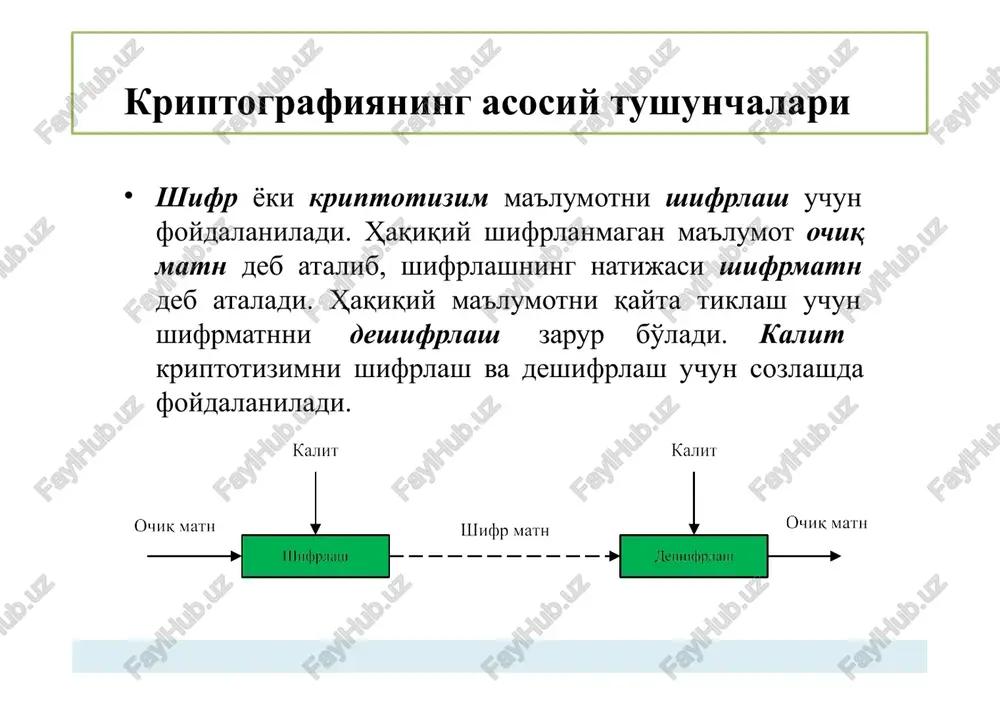 i mumkin, bunda u xabarni ochiq tarmoq (masalan, internet) orqali uzatishdan oldin shifrlangan matnga o'zgartiradi. ushbu shifrlangan xabar qabul qiluvchiga kelganida esa yana oddiy matn ko'rinishiga qaytariladi. umumiy holda ma'lumotni shifrlashdan asosiy maqsad (simmetrik yoki ochiq kalitli kriptografik tizimlar asosida farqi yo'q) – ma'lumotni maxfiyligini qolganlardan sir tutishdir. kriptografiya va steganografiya kriptografiyaning asosiy bo'limlari simmetrik kalitli kriptografiya. ma'lumotni shifrlashda va deshifrlashda yagona kalitdan (simmetrik kalitdan) foydalaniladi. shuning uchun ham simmetrik kalitli kriptotizimlarni – bir kalitli kriptotizimlar ham deb yuritiladi. bundan kelib chiqadiki, simmetrik kalitli shifrlash algoritmlaridan foydalanish uchun har ikkala tomonda bir xil kalit mavjud bo'lishi zarur. ochiq kalitli kriptografiya ma'lumotni shifrlash qabul qiluvchining ochiq kaliti bilan amalga oshirilsa, uni deshifrlash qabul qiluvchining shaxsiy kaliti bilan amalga oshiriladi. shuning uchun ham ochiq kalitli kriptotizimlarni – ikki kalitli kriptotizimlar deb ham yuritiladi. kriptografiyaning asosiy bo'limlari 3. xesh funktsiyalar – ma'lumotni xeshlash uning butunligini kafolatlash maqsadida amalga oshirilib, agar ma'lumot uzatilish davomida …