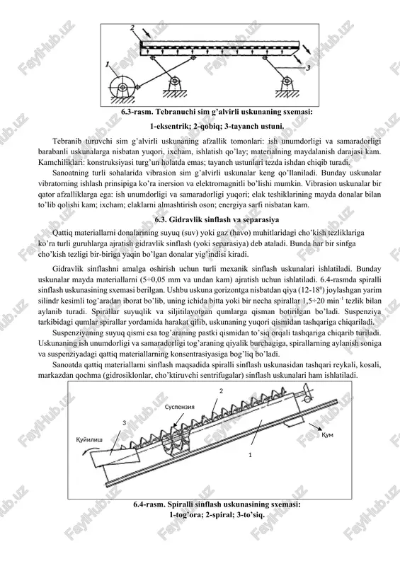 -katta o’lchamli fraksiya; iii,iv,v-zarrachalarning o’lchami kichrayib boradigan fraksiyalar. 4-70 bilan joylashtirilgan bo’ladi. o’lchami silindrsimon teshiklardan kichik bo’lgan donalar elak ostidagi mahsulot sifatida (sh) ajratiladi. o’lchamlari sim g’alvir teshiklaridan katta bo’lgan donalar elak ustidagi mahsulot sifatida (p) barabanning pastki qismidan ajralib chiqadi. materialni bir necha fraksiyalarga ajratish zarur bo’lgan paytda turli o’lchamdagi g’alvirlardan iborat bo’lgan barabanlar ishlatiladi. g’alvirlar ketma-ket (6.2 b – rasm) yoki markaziy o’qqa nisbatan parallel (6.2 v – rasm) holatda joylashtirilgan bo’ladi. barabanli sim g’alvirli uskunalarning asosiy afzalligi: konstruksiyasining oddiyligi va bir me’yorda ishlashi. kamchiliklari: katta joyni egallaydi; ish unumdorligi kam; samaradorligi past. ushbu kamchiliklarning borligi sababli, sanoatda ularning o’rniga tebranib turuvchi va vibrasion sim g’alvirli qurilmalar ishlatiladi. 6.3-rasmda tebranib turuvchi sim g’alvirli uskunaning sxemasi keltirilgan. tekis yuzali g’alvir ekssentrik yordamida tebranib turadi. o’lchami g’alvir teshiklarining o’lchamidan kichik bo’lgan donalar g’alvirdan o’tib, elak ostidagi mahsulot sifatida ajraladi. o’lchami g’alvir teshiklaridan katta bo’lgan donalar g’alvirning o’ng tomonidan elak ustidagi …