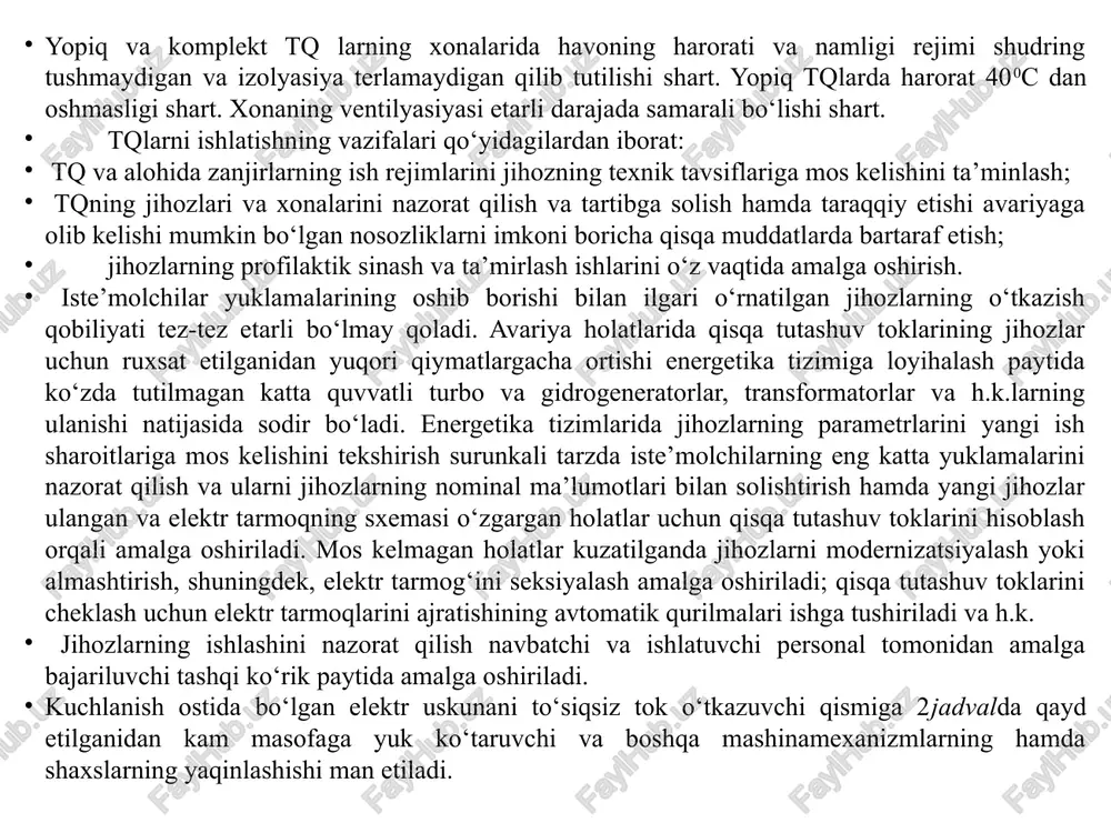 moslamalardan vaqtincha to‘siq, tok o‘tkazuvchi yuk tutuvchi moslamalar, ishchi yoki transport holatida bo‘lgan yuk ko‘tarish mashina va mexanizmlar bilan tok qismlargacha masofa. bo‘lgan o‘tkazuvchi orasidagi masofa. qismlar 1 gacha bo‘lgan havo elektr uzatish tarmog‘i uchun 0,6 1,0 boshqa elektr uskunalari uchun cheklanmaydi, mumkin emas) (tegish 1,0 6-35 0,6 1,0 110 1,0 1,5 150 1,5 2,0 220 2,0 2,5 330 2,5 3,5 400-500 3,5 4,5 750 5,0 6,0 800 3,5 4,5 1100 8,0 10,0 uzgichlarni ishlatish. uzgichlar elektr zanjirlarni har qanday ishlatish rejimlarida kommutatsiyalash uchun xizmat qiladi. bunday rejimlar, odatda, yuklama, qisqa tutashuv, transformatorlarni magnitlash, liniya va shinalarning zaryad toklarini ulash va uzish rejimlaridir. uzgich uchun eng og‘ir rejim bo‘lib qisqa tutashuv toklarni uzish va ulash rejimlari hisoblanadi. katta toklar oqib o‘tganda uzgichga katta elektrodinamik kuch va yuqori xarorat ta’sir etadi. bundan tashqari o‘rnashgan qisqa tutashuvga har qanday avtomatik yoki qo‘lda ulash yaqinlashayotgan kontaktlar orasidagi oraliqning teshilishi va kontaktlar zaif siqilgan …