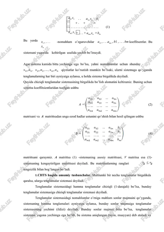 iqtisodiyotdan misol qaraymiz. 1-misol. korxona uch xildagi xom ashyoni ishlatib uch turdagi mahsulot ishlab chiqaradi. ishlab chiqarish xarakteristikalari 1-jadvalda berilgan. 1-jadval. xom-ashyo xillari mahsulot turlari bo’yicha xom-ashyo sarflari xom-ashyo zahirasi 1 2 3 1 5 12 7 2000 2 10 6 8 1660 3 9 11 4 2070 berilgan xom ashyo zahirasini ishlatib, mahsulot turlari bo’yicha ishlab chiqarish hajmini aniqlang. echish: ishlab chiqarilishi kerak bo’lgan mahsulotlar hajmini mos ravishda x1 , x2 , x3 lar bilan belgilaymiz. 1-tur mahsulotga, 1-xil xom ashyo, bittasi uchun sarfi 5 birlik bo’lganligi uchun 5 x1 1-tur mahsulot ishlab chiqarish uchun ketgan 1-xil xom ashyoning sarfini bildiradi. xuddi shunday 2,3-tur mahsulotlarni ishlab chiqarish uchun ketgan 1-xil xom ashyo sarflari mos ravishda 12 x2 , 7 x3 bo’lib, uning uchun quyidagi tenglama o’rinli bo’ladi: 5 x1+ 12 x2 + 7 x3 =2000. yuqoridagiga o’xshash 2,3-xil xom ashyolar uchun 10x1 9x1 6x2 11x2 8x3 4x3 1660 , …