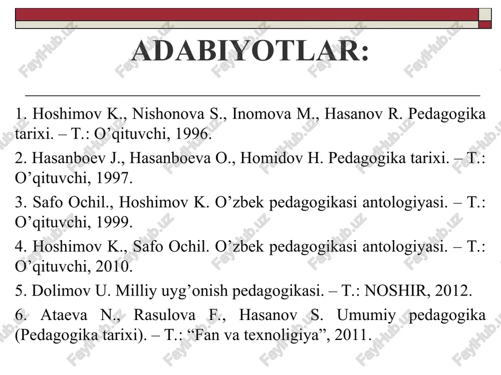 da o’zbekistonda maktab, pedagogik fikrlar tarixi. o’zbekiston respublikasi mustaqilligidan keyingi davrlarda (1991 yil, 31-avgust) ta’lim — tarbiya va pedagogik fikrlar. xorijda eng qadimgi davrlardan bugungi kungacha pedagogik fikrlar rivoji. paleolit-“paleo”-“qadimgi”, “litos’-“tosh” uning xronologik chegarasi 3-1 minchi yillarni o’z ichiga oladi. mezolit-“mezos”-“o'rta”, “litos’-“tosh” uning xronologik chegarasi 12-7 ming yilliklarni o’z ichiga oladi. eolit-“neo”-“yangi”, “litos’-“tosh” uning xronologik chegarasi 6-4 ming yiliklarnio ichiga oladi. neolit-“eneus’-“mis”, “litos’-“tosh” uning xronologik chegarasi 4-3-ming yilliklarn o’2 ichiga oladi. bronza- jez davri bo’lib xronologik chegarasi 3-1 ming yilliklarni o’z ichiga oladi. —— temir davri esa kishilik tarixida miloddan avvlagi 1 ming yillikladan milodiy 1 asrgacha bo’lgan davrni 0’z ichiga oladi. a 2 oo ¢ bolalar va o’smirlar ¢ mehnat jarayonida bevosita ishtirok etuvchilar * keksalar. 2, se segekt 2 see er es sr8 em yg se = se repre © pt ie a nla tah ni at sian 2 “tol es + s i tl aw rk rs …