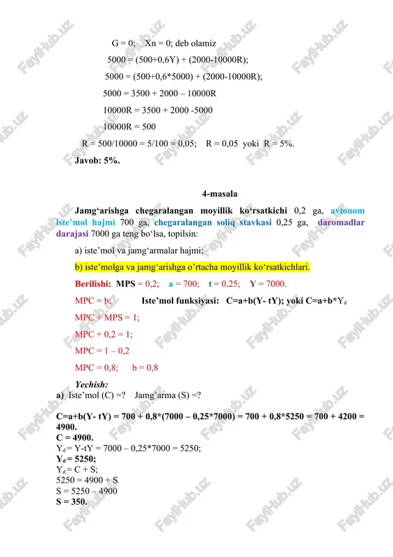 si = 15%; real foiz stavkasi = ? yechish: nominal foiz stavka - inflyatsiya darajasi = real foiz stavkasi; (1) 20% - 15% = real foiz stavkasi real foiz stavkasi = 5% javob: real foiz stavkasi = 5% 2 – misol agar iste’mol o’zgarishi 15 ga, daromad o’zgarishi 20 ga teng bo’lsa, iste’molga chegaralangan moyillikni miqdorini aniqlang. berilishi: c2 – c1 = 15; id2 – id1 = 20; mpc = ? yechish: mpc = ; (1) c2 – c1 = ; = 15; id2 – id1 =id = ; = 20; 1-formulaga ko’ra: mpc = = = = 0,75; javob: mpc = 0,75. 3 – misol inflatsiya sur'ati barqaror va yiliga 10%ga teng bo’lsa, narxlar darajasi necha yildan keyin ikki baravarga o’sadi? berilishi: inflatsiya sur'ati = har yili 10%; narxlar darajasi = 2 baravar; yillar soni = ? yechish: 70 miqdor qoidasi: n = ; (1) bu yerda n – …