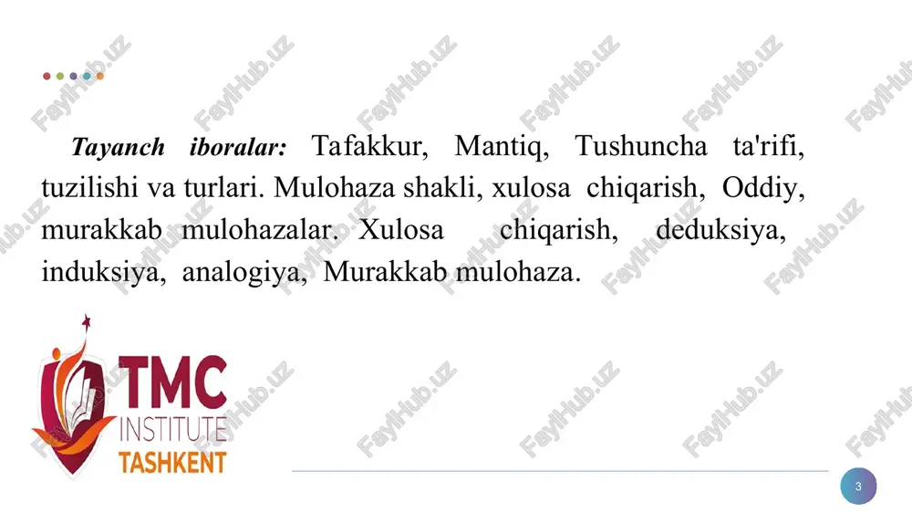 falsafa * a - elektr jihozlari b - ehmlar c – kompyuterlar d - notebook a-notebook b-kompyuterlar c-ehmlar d-elektr jihozlar a-fan b-tabiiy fanlar c-aniq fanlar d-gumanitar fanlar d b a falsafa nazorat savollari * 1.tafakkur qanday xususiyatlarga ega? 2. fikrning chin bo‘lishi va formal jixatidan to‘g‘ri qurilishi nimani anglatadi? 3. mantiqning bilishda va kundalik xayotdagi axamiyatini baxolang. 4. mantiq fanining sun’iy tili deganda nimani tushunasiz? uning fikr tuzilishini aniqlashda qanday axamiyat ibor? 5. asosiy formal-mantiqiy qonunlarning bilishdagi axamiyati qanday? falsafa foydalanilgan adabiyotlar ro‘yxati: * 1.sharipov m., d.fayzixo’jayeva. “mantiq” ma’ruzalar matni. t.,2003. 2.ivin a.a. “logika”. m.,1998. 3.bocharov v., markin v.i.”osnovi logiki”. m.:“infram”, 1997. 4.saifnazarov i., mahkamov j. “logika kursini o’rganish bo’yicha metodik tavsiyalar”. t., tdiu, 1992. * falsafa * e’tiboringiz uchun rahmat! * * e@ tmc institute tashkent x ¢ tmc institute tashkent ‘“mantiq” tushunchasi uch ma‘noda qo‘llaniladi: 1.0b’ yektiv olam qonuniyatlari (masalan, “ob’yektiv mantiq’’, “narsalar mantig‘1” kabi iboralarda) 2. tafakkurning …