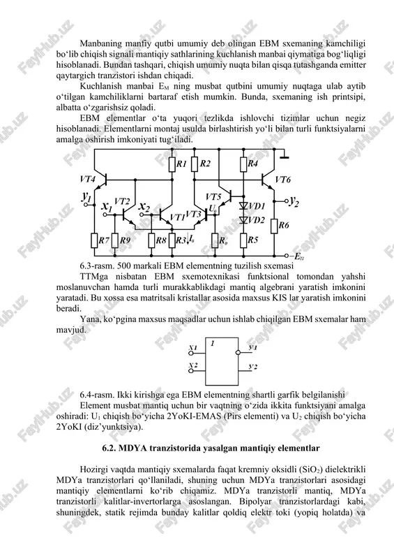 rak. 6.2-rasm. ikki kirishga ega bo‘lgan ebm me ning sxemasi chiqishda emitter qaytargichlarning qo‘llanilishi mantiqiy o‘tishni 0,7v gacha va xalaqitlarga bardoshlikni deyarli 0,3v gacha oshiradi. bundan tashqari, emitter qaytargichdagi kichik chiqish qarshiligi tufayli sxemaning yuklama qobiliyati ortadi va yuklamadagi sig‘im qayta zaryadlanishi tezlashadi. manbaning manfiy qutbi umumiy deb olingan ebm sxemaning kamchiligi bo‘lib chiqish signali mantiqiy sathlarining kuchlanish manbai qiymatiga bog‘liqligi hisoblanadi. bundan tashqari, chiqish umumiy nuqta bilan qisqa tutashganda emitter qaytargich tranzistori ishdan chiqadi. kuchlanish manbai em ning musbat qutbini umumiy nuqtaga ulab aytib o‘tilgan kamchiliklarni bartaraf etish mumkin. bunda, sxemaning ish printsipi, albatta o‘zgarishsiz qoladi. ebm elementlar o‘ta yuqori tezlikda ishlovchi tizimlar uchun negiz hisoblanadi. elementlarni montaj usulda birlashtirish yo‘li bilan turli funktsiyalarni amalga oshirish imkoniyati tug‘iladi. 6.3-rasm. 500 markali ebm elementning tuzilish sxemasi ttmga nisbatan ebm sxemotexnikasi funktsional tomondan yahshi moslanuvchan hamda turli murakkablikdagi mantiq algebrani yaratish imkonini yaratadi. bu xossa esa matritsali kristallar asosida maxsus kis …