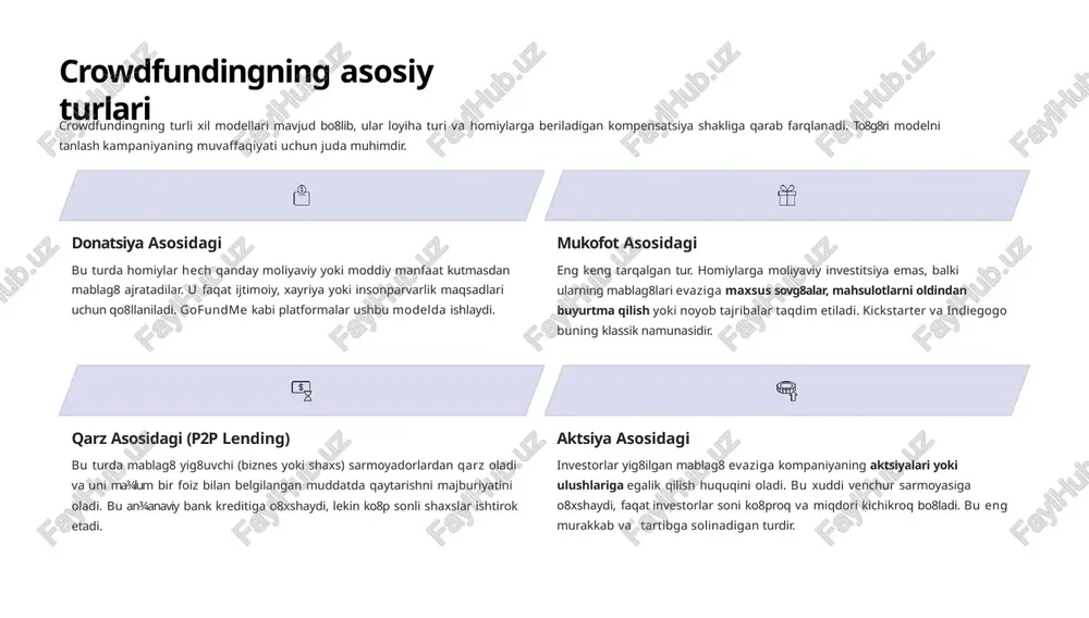 ar san¾at, dizayn, filmlar, video o8yinlar va texnologiya kabi turli sohalarni qamrab oladi. <hammasi yoki hech narsaî modeli kickstarterning asosiy qoidasi: agar loyiha belgilangan muddatda o8z moliyaviy maqsadiga yeta olmasa, yig8ilgan mablag8 homiylarga to8liq qaytariladi. bu model loyiha muvaffaqiyatiga ishonchni oshiradi va jiddiy yondashuvni talab qiladi. moliyaviy tuzilma platforma to8lovi 5% ni tashkil qiladi. bundan tashqari, to8lovni amalga oshirish xizmatlari uchun qo8shimcha tranzaksiya to8lovlari (odatda 3-5%) mavjud bo8ladi. bu faqat loyiha muvaffaqiyatli moliyalashtirilganda olinadi. muvaffaqiyatli loyihalar: looktech ai glasses: ushbu innovatsion ko8zoynaklar 1,192,236 dollar yig8ib, texnologik sohada crowdfundingning imkoniyatlarini ko8rsatdi. cosmere rpg: o8yin loyihasi uchun 14.7 million dollardan ortiq mablag8 yig8ilib, kickstarterdagi eng yirik kampaniyalardan biriga aylandi, bu jamoatchilikning ijodiy loyihalarga bo8lgan qiziqishini isbotladi. crowdfunding jarayoni: bosqichma-bosqich yo8l xaritasi muvaffaqiyatli crowdfunding kampaniyasi tasodifiy emas. u ehtiyotkorlik bilan rejalashtirish, marketing va homiylar bilan doimiy muloqotni talab qiladi. 1. loyihani aniqlash va maqsadni beligilash dastlab, g8oyaning noyobligini va bozorga mosligini baholang. moliyalashtirish …