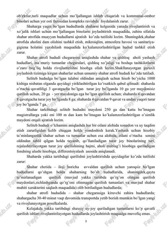 uyidagilarga e’tibor berish lozim: 1. seysmik hududlarda bo’lingan holda rejalashtirish strukturasiga ega bo’lgan shaharlar va katta miqdorda zich aholiga ega bo’lgan binolarni alohida e’tiborga olish lozim. 2. tarixiy shaharlarda ularni umumjahon tarixiy rejalashtirish strukturasini va me’moriy qiyofasini saqlash zarur.shunigdek, tarixiy hududlarni kompleks qayta tiklash, tarixiy va madaniy obidalarni ta’mirlash bo’yicha kompleks dasturlarni amalga oshirish lozim. 3. shahar va qishloq aholi yashash hududlarini rejalashtirish va qurishda nogironlar va kam xarakatlanadigan axoli qatlami uchun ham to’laqonli hayot kechirishiga mo’ljallangan shart-sharoitlar ta’minlash zarur. yirik va katta shaharlarda shahar transporti inshootlari, savdo tashkilotlari, jamoa ovqatlanish va kommunal-maishiy xizmat ko’rsatish ob’ektlari,alohida tomosha va sport inshootlari,ma’muriy, fuqaro va turar joy binolari, muhandislik jixozlari tizimlari uchun ob’ektlar,turli maqsadlar uchun mo’ljallangan ishlab chiqarish va kommunal-ombor binolari uchun yer osti fazosidan kompleks ravishda foydalanish zarur. shaharga yaqin bo’lgan hududlarda shaharni kelgusida yanada rivojlantirish va xo’jalik ishlari uchun mo’ljallangan binolarni joylashtirish maqsadida, zahira sifatida shahar atrofida muayyan hududlarni ajratish ko’zda …