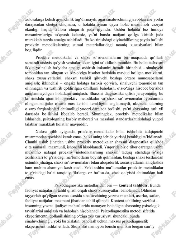 oydalanilishi ko‘p marta uning ishonchliligiga shubha o‘yg‘onishiga olib keladi. ushbu holatda tegishli lavozimga nomzodlarni tanlashda proektiv metodikalardan foydalangan holatlarda patologiyalarning mavjudligi yoki mavjud emasligiga asoslanilib, bunda kasbiy muhim sifatlar e’tibordan chetda qolib ketishi kuzatiladi. bu holat esa, albatta noto‘g‘ri ekanligi ta’kidlanadi. yuqorida ta’kidlangandek, empirik yo‘l bilan ushbu asos aniqlanganki, bunda proektiv metodikalarda agar motivlar yashirin tarzda aks etsa, bunday holatlarda ularni diagnostika qilish imkoniyatini tug‘diradi. tajribalar davomida tushirib qoldirilgan motivlar aniqlanmaydi. proektiv metodikalarning o‘zi odamning xulq – atvorini oldindan aytib berishi mumkin emas. proektiv metodikalar topshiriqlarini amalga oshirish davomida stimullovchi material sinaluvchining xayoloti asosida ajratib olinish holatiga asoslaniladi, agar individning ehtiyojlari va haqiqiy holati o‘rtasida juda katta uzilishlar mavjud bo‘lsa, u holatda hulq – atvor individning xayolotiga mos kelishini kutish kerak emas. xayolot va haqiqiy hulq – atvor o‘rtasidagi bog‘liqlik bo‘lmagan holat turli olimlar tomonidan ko‘p marotaba aniqlangan. bu aniq dalil hisoblanadi, ammo bu holat proektiv metodikalarning ahamiyatini kamaytirmaydi, chunki …