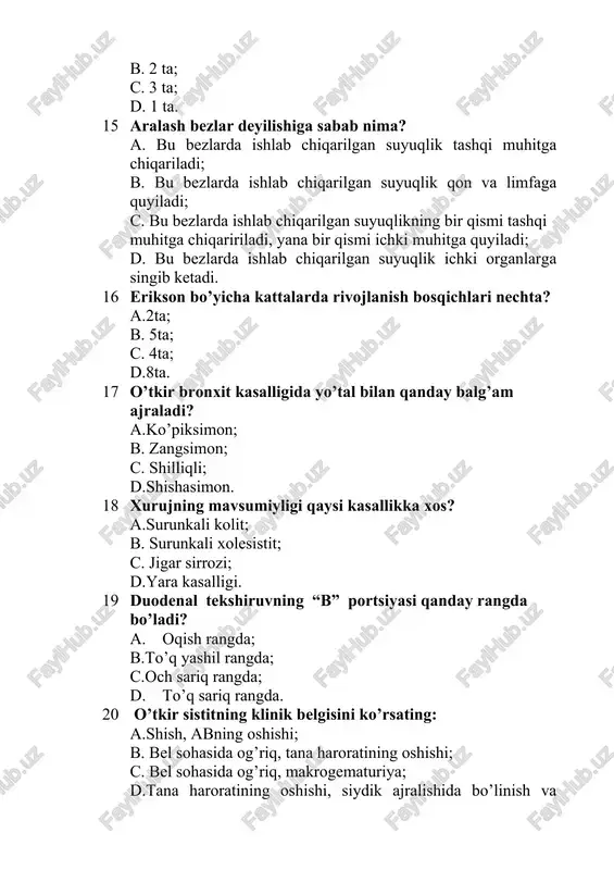 skul to’qimasidan tashkil topgan? a. silliq mushaklar ; b. yurak mushaklari; c. ko’ndalang targ;il mushaklar; d. skelet mushaklari. 5 asab tizimini baholash uchun qanday asbob ishlatiladi? a. bolg’acha; b. kamerton; c. ofatalmoskop; d. fonendoskop. 6 dietoterapiya deb nimaga aytiladi? a. profilaktika maqsadida ovqatlantirish b. to'g'ri ovqatlantirish c. davo maqsadida ovqatlantirish d. yara kasalligida ovqatlantirish 7 transportirovka nima? a. bo'yni o'lchash. b. bir joydan ikkinchi joyga ko'chirish. c. antropometriya o'tkazish. d. bemorni qabul qilish. 8 beixtiyor ich kelishi nima deb ataladi? a.diareya; b. defikatsiya; c. qabziyat; d.metiorizm. 9 qo’l panja suyaklari necha qismga bo’linadi? a.3 qismga; b. 2 qismga; c. 4 qismga; d. 5qismga. 10 davo maqsadida ovqatlanish nima deb ataladi? a. fizioterapiya; b. diyetoterapia; c. aromaterapiya; d.fototerapiya. 11 tozalovchi xuqna qachon qo'llaniladi? a..12 barmoq ichak yalliglanganda b.ovqatdan zaxarlanganda. c. ichaklarda spazm bolganda d. yo'g'on ichakni yara kasalligida 12 to’liq ish qobiliyatining yo’qotilishi bu-…. a.nogironlik natijasida ishga yaroqsizligi; b.kasallik natijasida vaqtincha …