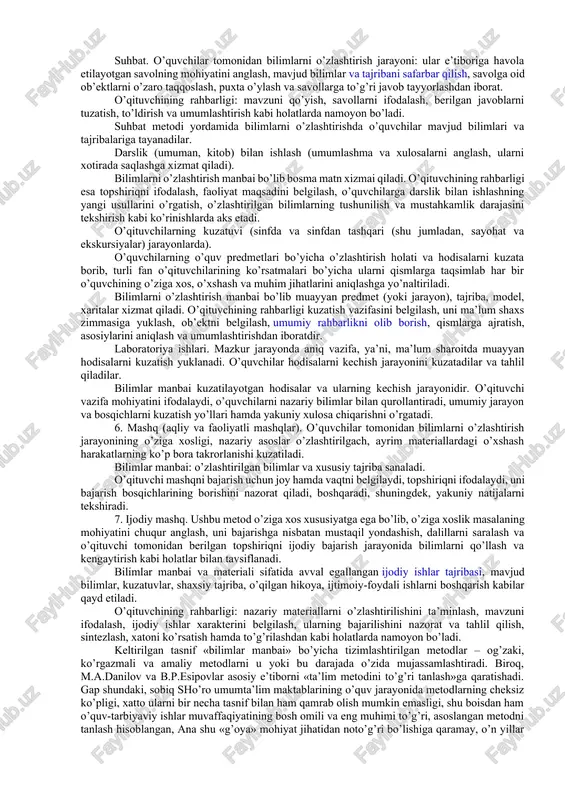 ng dars boshida belgilagan maqsadiga mos kelavermaydi. ta’lim maqsadi o’qituvchi va o’quvchilar faoliyati asosida, shuningdek, ta’lim vositalari yordamida natijalanadi, ushbu jarayonda aniq maqsadga yo’naltirilgan mexanizm ishga tushadi. ta’lim tizimlari maqsadga erishish jarayonida bosh xalqa aynan qanday va qaysi mexanizm asosida hamda mavjud tarkibiy unsurlarni qanday ishga solish mumkinligini ifodalashga xizmat qiladi. ta’lim metodlari quyidagi asosiy funktsiyalarni bajaradi: bu funktsiyalar ta’lim metodini qo’llash jarayonida bir-biridan ajratilgan holda yoki ketma-ket joriy etilmaydi, aksincha bir-biriga o’zaro singib ketadi. misol uchun, tashhisli funktsiya o’qituvchining bir qator metodlardan yaxlit foydalanishi evaziga bajariladi. «ta’lim metodi» atamasi bilan birga ko’p hollarda «metodik usul» (sinonimlari – pedagogik usul, didaktik usul) tushunchasi ham qo’llaniladi. u ta’lim metodining tarkibiy qismi, uning muhim unsuri, metodni joriy qilishdagi alohida qadam sifatida ta’riflanadi. har bir ta’lim metodi muayyan ta’lim usullarini chog’ishtirish orqali joriy etiladi. metodik usullarni xilma-xilligi ularni tasniflashga imkon bermaydi, biroq o’qituvchi faoliyatida tez-tez qo’llaniladigan usullarni ajratib ko’rsatish mumkin: har bir metod …