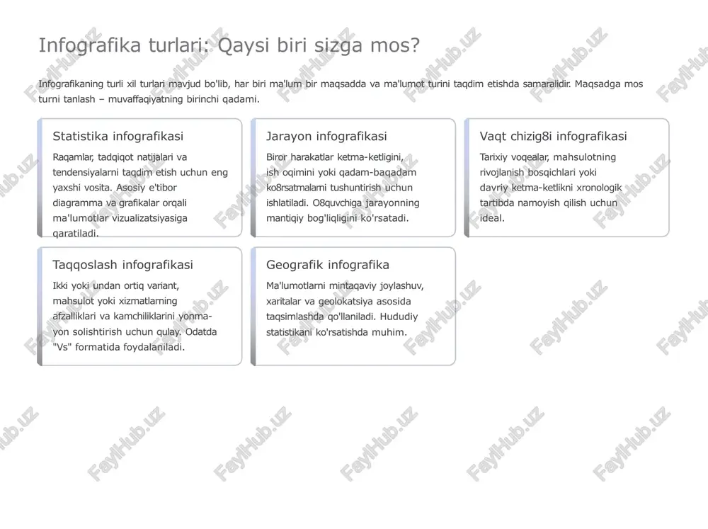 joylashtiring. 10 natijalarni o8lchang infografikaning samaradorligini (ko'rishlar, ulashishlar) tahlil qiling va kelajakdagi loyihalar uchun xulosalar chiqaring. infogram: ma'lumotlarga asoslangan interaktiv vizualizatsiya infogram - bu aynan ma'lumotlar vizualizatsiyasi va interaktiv infografika yaratishga ixtisoslashgan qurolli platforma. uning asosiy kuchi ma'lumotlar manbalari bilan integratsiyasi va interaktivlikdadir. 10 milliondan ortiq foydalanuvchi platformaning keng miqyosda ishlatilishi uning ishonchliligi va funksionalligidan dalolat beradi. interaktiv elementlar va real vaqt ma'lumot yangilanishi infografikaga hover effektlari, animatsiyalar qo'shish va ma'lumotlar bazasiga ulash orqali real vaqtda o'zgarishlarni aks ettirish mumkin. ai yordamida avtomatik infografika yaratish sun'iy intellekt ma'lumotlarni tahlil qilib, ularga eng mos keladigan diagramma turlarini avtomatik ravishda tavsiya qiladi va dizaynni tezlashtiradi. ma'lumot manbalaridan import mysql, postgresql, google sheets va excel kabi jadvallardan ma'lumotlarni bevosita import qilish va tahrirlash imkoniyati mavjud. brend kitini sozlash kompaniyaning ranglari, shriftlari va logotiplarini saqlash orqali barcha vizualizatsiyalarda yagona korporativ uslubni ta'minlash mumkin. piktochart: tez va oson infografika yaratish piktochart vizual hikoya yaratishni soddalashtirishga …