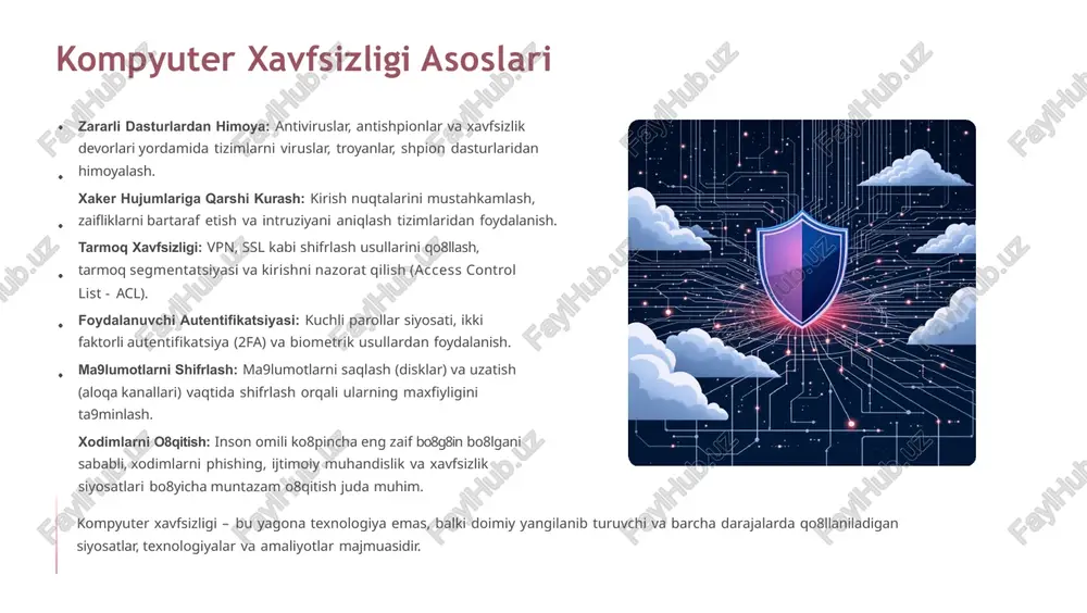 anadi. faqatgina antivirus funksiyasini emas, balki onlayn maxfiylikni oshirish uchun vpn, shuningdek, shaxsiy ma9lumotlarni bulutda xavfsiz saqlash imkoniyatini ham taqdim etadi. ota-ona nazorati funksiyalari oilaviy foydalanish uchun qulay. eset nod32 antivirus u o8zining yuqori tezligi va tizim resurslariga minimal yuklamasi bilan mashhur. eset sun9iy intellekt (ai) asosida yangi va noma9lum tahdidlarni samarali aniqlashga ixtisoslashgan bo8lib, murakkab kiberhujumlarga qarshi mustahkam himoya taqdim etadi. avast free antivirus bepul versiyasi ham kuchli himoya darajasini taklif etadi. avast nafaqat kompyuter viruslariga qarshi kurashadi, balki uy tarmoqlarining zaifliklarini skanerlaydi va veb-saytlarning xavfsizligini ta9minlaydi. u millionlab foydalanuvchilarning ishonchini qozongan. har qanday antivirus dasturini tanlashda, uning nafaqat viruslarni aniqlash ko8rsatkichlariga, balki tizim ishlashiga ta9siri va qo8shimcha funksiyalariga (vpn, parol menejeri) ham e9tibor berish lozim. kaspersky taqiqi va global xavfsizlikka ta9siri axborot xavfsizligi sohasida siyosiy qarorlarning ta9siri yuqori. 2024 yilda aqsh hukumati tomonidan kaspersky lab kompaniyasining mahsulotlariga nisbatan qo8yilgan taqiq bunga yaqqol misoldir. taqiq sabablari va oqibatlari siyosiy …