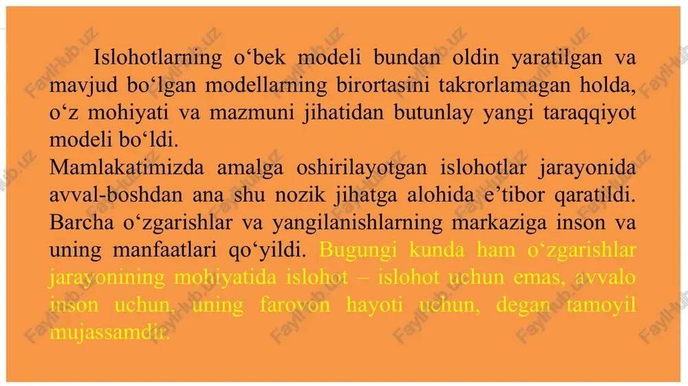 ’minlandi. www.presentationgo.com © presentationgo.com by: .com mamlakatda ichki bozorni, xalqimiz manfaatlarini faqat baquvvat milliy valyutagina himoya qilishi mumkin, degan qat'iy xulosaga kelindi. buning uchun milliy valyutamiz, asosan, o'zimizda ishlab chiqarilgan zarur miqdordagi tovar bilan keng eksport faoliyati hisobiga to'plangan salmoqli valyuta-zaxiralari bilan mustahkamlangan bo'lishi kerak edi. milliy valyuta joriy etilgach, islohotlar birinchi bosqichining oxirlariga kelib (1995-yil), oziq-ovqat mahsulotlarini me’yorlangan tarzda sotishdan butunlay voz kechish va erkin narxlarga o'tish imkoniyati tug'ildi. erkin narxlarga esa «esankirashlarsiz» o'tishga muvaffaq bo‘lindi. buni o‘zbekistondagi iqtisodiy islohotlar birinchi bosqichining muhim natijasi, deb baholash mumkin. www.presentationgo.com © presentationgo.com by: .com «biz,-degan edi i.karimov, aholining ijtimoiy jihatdan nochor tabaqalari pensionerlar, nogironlar, ko‘p bolali va kam daromadli oilalar, ishsizlar, o‘quvchi yoshlar, shuningdek, qayd etilgan miqdorda daromad oluvchi kishilani himoya qilish davlatning muqaddas burchidir, degan qoidaga asoslanib ish tutdik». masalan, o'qituvchilarning davlat va tashkilotlar tomonidan berilgan uylari bepul xususiylashtirildi 35 ming 841 kishiga shaxsiy qurilish uchun yer uchastkasi berildi. www.presentationgo.com …
