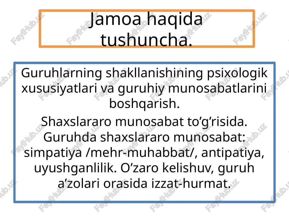 viy ishning muhim vazifasi hisoblanadi. a’zolar o’rtasidagi munosabatlarining xarakteriga ko’ra “ch.kuli” 2ta turga bo’lgan. birlamchi ikkilamchi birlamchi guruhlar munosabatning yaqinligiga qarab, ya’ni qon-qarindoshlik, sevgi, simpatiya, asosida tuzilgan sotsial va psixologiya guruhlar nazarda tutiladi. ikkilamchi guruhlar manfaat yuzasidan tuzilgan guruh nazarda tutiladi. referent guruh amerikalik sotsial psixolog mustafo sherif tomonidan kiritilgan. “referent guruh” atamasi (inglizcha so’z, “mansub bo’lish” degan ma’noni anglatadi) individ ongli ravishda kiradigan sotsial va psixologiya guruhlariga “iqtisodiy, siyosiy, madaniy, kasbiy” nisbatlari ishlatiladi. referent guruh turlari real guruh ideal guruh gurux a`zolarining o`zlarini yaxshi xis qilishlari, xamkorlikda ishlashlari ko`p jixatdan, usha jamoadagi psixologik moslik, ya`ni xamfikirlilikka bog`liq bo`ladi. psixologik moslik-a`zolarining ayrim sifatlarining mos kelishi, va tafovut qilishi nazarda tutiladi. moslik mezoni quyidagilardan iborat: faoliyat natijalari. a`zolarning sarflagan kuch-e`nergiyalari. faoliyatdan qoniqish. ikki xil o`zaro moslik farqlanadi: ijtimoiy psixologik psixofiziologik psixofiziolo gik psixofiziologik moslikda- odamlarning bir xil va mos tarzda xarakat qila olishlari, reaktsiyalari, mosligi, ish ritmi, tempidagi uygunliklari nazarda tutiladi …