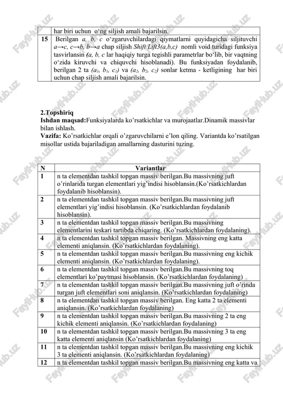 ng yangi qiymatlari chiqarilsin. 11 berilgan x va y o‘zgaruvchilardagi qiymatlarning kichigini x ga kattasini y ga yozadigan minmax(x,y) nomli void turidagi funksiya tasvirlansin(x,y- haqiqiy turga tegishli parametrlar bo'lib bir vaqtning o‘zida kiruvchi va chiquvchi). bu funksiya 4 marta chaqirilib, berilgan a,b,c, d sonlarining eng kattasi va eng kichigi aniqlansin. 12 berilgan a, b, c o‘zgaruvchilarning qiymatlarini o‘sish tartibida joylashtiruvchi sortinc3(a, b, c) nomli void turidagi funksiya tasvirlansin(a, b, c lar – haqiqiy turga tegishli parametrlar bo`lib, bir vaqtning o‘zida kiruvchi va chiquvchi hisoblanadi). bu funksiyadan foydalanib, berilgan 2 ta (a1 , b1, c1) va (a2, b2, c2) sonlar ketma-ketliklarining har biri o‘sish tartibida tartiblansin. 13 berilgan a, b, c o‘zgaruvchilarning qiymatlarini kamayish tartibida joylashtiruvchi sortdec3(a,b,c) nomli void turidagi funksiya tasvirlansin(a, b, c lar –haqiqiy turga tegishli parametrlar bo‘lib, bir vaqtning o‘zida kiruvchi va chiquvchi hisoblanadi). bu funksiyadan foydalanib, berilgan 2 ta (a1,b1 ,c1) va (a2, b2, c2) sonlar ketma …