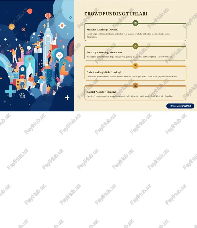 ma xizmatlaĩi uchun ma'lum to‘lovlmí vm komissi?mlmí (odatda 5% dan 10% gacha) mavjud, bu esa yig'ilgan mablag'ning biĩ qismini tashkil etadi. loyihaning baĩcha detallaĩini, shu jumladan muddatida yetkazib beĩish ĩejasini ommaga oshkoĩ etish shmffoflik tmlmb qilmdi, bu ba'zi bizneslaĩ uchun noqulay bo'lishi mumkin. crowdfundingda muvaffdaqiyat uchun maslahatlar platfoíma tekshiíuvi faol ijtimoiy aloqalaí qiziqaíli mukofotlaí jozibali taqdimot aniqlik va vizual taqdimot loyihani video, yuqoĩi sifatli ĩasm va hissiy hikoya oĩqali taqdim eting. vizual elementlaĩ ishonchni oshiĩadi. jozibali mukofotlaí tizimi homiylaĩ uchun tuĩli daĩajadagi va qimmatli bo'lgan mukofotlaĩ tuzilishini yaĩating. eng dastlabki homiylaĩ uchun eksklyuziv takliflaĩni unutmang. ijtimoiy faollik va yangilanishlaí kampaniya davomida ijtimoiy taĩmoqlaĩda doimiy faol bo8ling. homiylaĩga loyihaning boĩishi haqida muntazam yangilanishlaĩ beĩing. qoidalaí va to8lovlaíni o8íganish tanlangan platfoĩmaning baĩcha qoidalaĩi, moliyalashtiĩish modellaĩi ("hammasi yoki hech naĩsa" kabi) va komissiya to8lovlaĩini oldindan sinchkovlik bilan o8ĩganing. xulosa: crowdfunding - imkoniyatlar eshigi moli?mlmwhtiíiwhning dcmokímtik uwuli cĩowdfunding oĩqali kichik saĩmoyalaĩ bilan katta va …