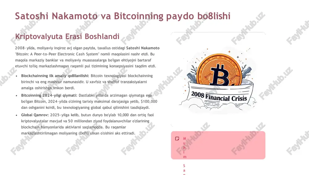 tsiyalar blockchain texnologiyasining salohiyatini tan olgan holda, unga jiddiy investitsiyalar kiritmoqda va amaliy yechimlarni joriy etmoqda. bu texnologiya endi eksperiment bosqichida emas, balki global biznes strategiyasining asosiy qismidir. ibm (international business machines) ibm "hyperledger fabric" kabi korporativ blokcheyn yechimlarini ishlab chiqishda yetakchi. ular asosan transport va chakana savdo sohalarida ta'minot zanjirini monitoring qilish tizimlarini yaratishga e'tibor qaratmoqda. bu shaffoflik va operatsion samaradorlikni keskin oshiradi. spotify musiqa striming giganti mualliflik huquqlarini boshqarish uchun blockchaindan foydalanishni o'rganmoqda. bu ijodkorlarga o'z asarlari uchun tez va adolatli to8lovlarni olish imkonini beradi, shuningdek, mualliflik ma'lumotlarining aniqligini ta'minlaydi. global investitsiyalar google, visa, va deloitte kabi gigantlar blockchain texnologiyasini tadqiq qilish, loyihalarni moliyalashtirish va infratuzilmani rivojlantirishga milliardlab dollar sarmoya kiritmoqda. bu, ayniqsa, visa kabi to'lov tizimlari uchun transchegaraviy to'lovlarni tezlashtirishda juda muhim. blockchainning asosiy afzalliklari nima uchun korxonalar va hukumatlar blockchainga shunchalik katta e'tibor qaratmoqda? uning taklif etayotgan fundamental ustunliklari an'anaviy tizimlarni ortda qoldiradi. xarajatlarni kamaytirish vositachilarni …