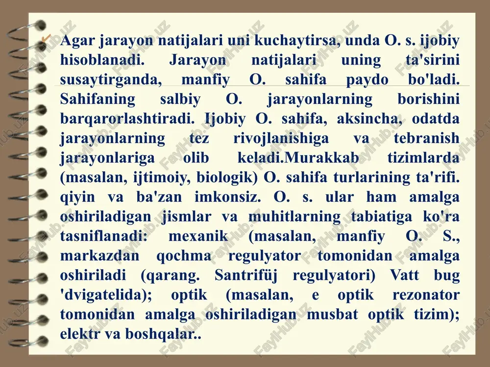 dan aholi va biotsenotikgacha. bu mexanizmning organizmning ichki muhitining doimiyligini avtomatik saqlashga - gomeostazga qo'shgan hissasi, genetik apparat, endokrin va asab tizimlarining faolligiga ayniqsa katta ahamiyat beradi. guruch. 1. bilan kuchaytirgich davrlari har xil turlari teskari aloqa sxemalari: a - ketma -ket tokli teskari aloqa; b - ketma -ket voltaj teskari aloqa; c - parallel oqim teskari aloqa; d - parallel kuchlanish teskari aloqa. 1 - elektr tebranishlarining kuchaytirgichi; 2 - teskari aloqa davri (o'q o'qning kirish terminallaridan chiqish terminallariga teskari aloqa davri bo'ylab signal tarqalish yo'nalishini ko'rsatadi): z manbai - signal manbai e manbasining umumiy qarshiligi; z yuki - kuchaytirgichning umumiy yuk qarshiligi. image2.jpeg image1.png image3.png image4.gif /docprops/thumbnail.jpeg umumiy qoidalar. qayta aloqa zanjirining barqarorligi.