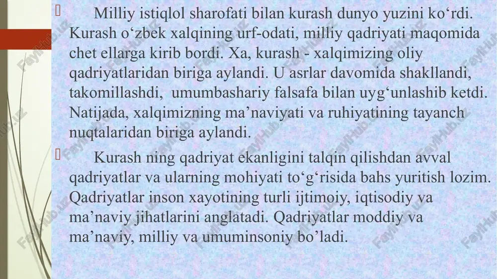 i. butun madaniy olamga taniqli olim va mutafakkirlarni, samarkand, buxoro, shaxrisabz, xiva, termiz, andijon singari shaharlarning yaratuvchilarini, buyuk imperiyalarni ko’ra olgan sarkardalarni yetishtirgan ona zaminimizning dovrug’i asrlar davomida jahon xalqlarining e’tiborini tortib kelgan. bizning xalqimiz azaldan ona yurtiga chuqur mehr qo’yib, uni yashnatish payida bo’lishgan. bu ulug’vor ishlarni amalga oshirish esa, yosh avlodni barkamol qilib tarbiyalash bilan bog’liqdir. shuning uchun ham hukumatimiz mamlakatimizda jismoniy tarbiya va sportni rivojlantirishga alohida e’tibor bermoqda. manbaalarda berilishicha, qadriyatlar shaklan va mazmunan milliy va umuminsoniy qadriyatlarga bo’linadi. milliy qadriyatlar - murakkab ijtimoiy-ruhiy hodisa bo’lib u millatga millat madaniyati, tarix, urf-odatlari, an’analari, jamiki moddiy va ma’naviy boyliklarini iqtisodiy, ijtimoiy hayotining barcha tomonlarini qamrab oladi. insoning qaysi millatga mansub ekanligi haqidagi tassavur faqat g’oyagina emas balki tuyg’u hamdir. toki millatlar, milliy mafkuralar mavjud ekan, milliy qadriyatlar ham saqlanib qolaveradi. millatni milliy qadriyatlaridan mahrum qilishga urinish, tarix va insoniyat oldidagi eng katta xatodir. milliy qadryatlarga millatning asrlar davomida …