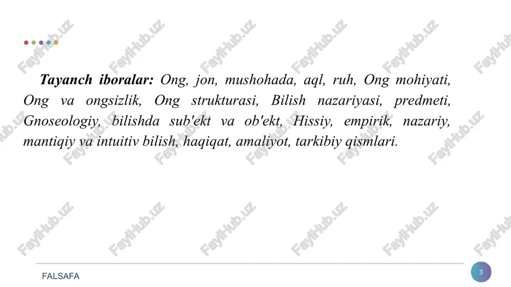 bilish darajalari va usullari empirik darajasiga xos usullar kuzatish o‘lchash taqqoslash mavhumlik va aniqlik aksiomatik tarixiylik mantiqiylik analiz va sintez induksiya va deduksiya analogiya modellashtirish ilmiy tajriba (eksperement) nazariy darajasiga xos usullar ikki darajasiga ham xos usullar falsafa * inʼikosning oliy shakli, inson miyasining funksiyasi bo‘lib, uning vazifasi voqelikni aks ettirishdan iborat. o‘zaro aloqada bo‘lgan turli unsur (element)lardan tashkil topgan murakkab maʼnaviy tuzilishga ega. ong 2. ong-tafakkur va borliqning birligi. tafakkur uslubining asosiy jihatlari. falsafa * ong nima? inson azal-azaldan o‘zigagina xos bo‘lgan ongning nima ekanligi to‘g‘risida o‘ylab, baxslashib keladi. bu baxslarning bir jihati, ong tabiat mahsulimi yoki inson ongi ilohiy yaratilganmi? ikkinchi jihati esa, inson dunyoni doimo bir xil anglaganmi: ya’ni asrlar davomida inson ongi takomillashib kelganmi yoki hamon o‘sha – o‘shami? degan muammo bilan bog‘liq. ongning mohiyati masalasi eng qadimiy muammolardan biri ekan, uni anglash jarayonida turli xil javoblar bo‘lganligi tabiiy. bu savolga eng qadimiy javob diniy va …