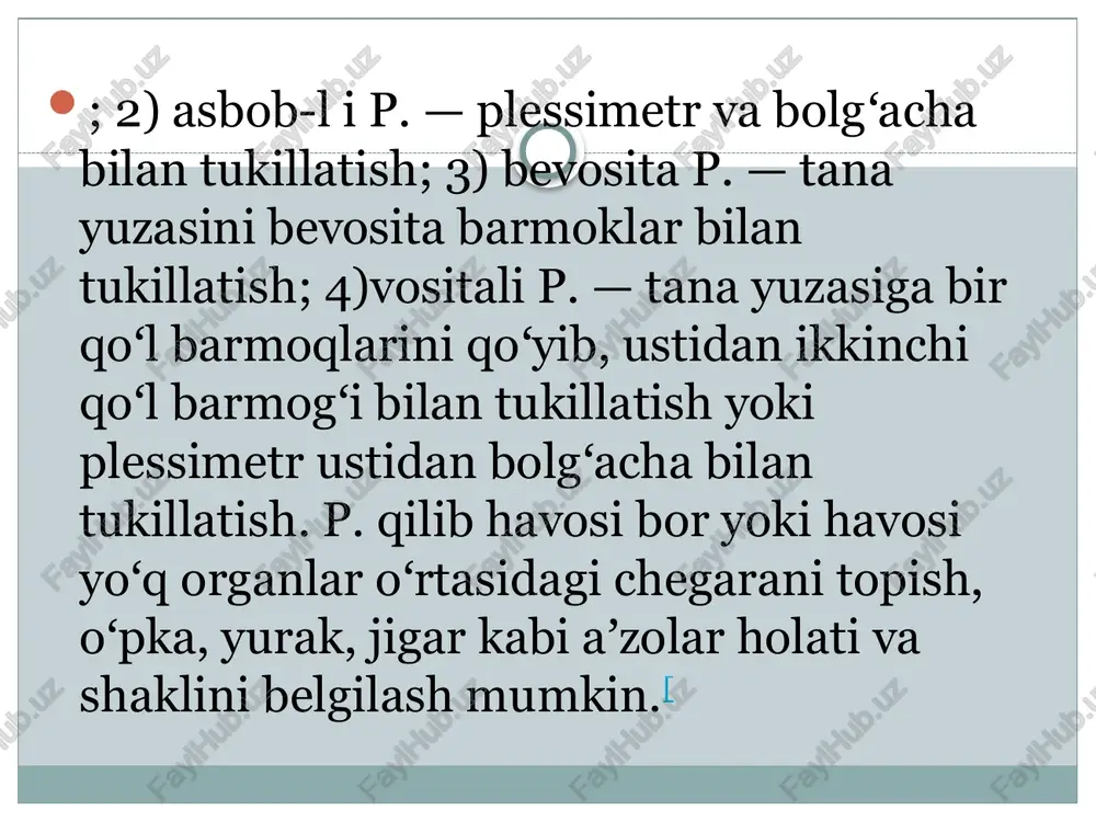 , qon) tolishi yoki havo mavjudligi (pnevmotoraks), o`pka to`qimasida miqdorining ortishi sababli yuzaga kelishi mumkin. havo miqdorini kamayishi quyidagi holatlarda kuzatiladi: pnevmoskleroz, o`pka fibrozini o`choqli xili; nafas olish vaqtida o`pkaning to`liq kengayishini qiruvchi plevra bitishmalari yoki plevra bo`shlig’i obliteratsiyasi! bunda perkutor tovush farqi nafas olish cho`qqisida aniq va chiqarish vaqtida sust eshitiladi; topografik perkussiya topografik perkussiya quyidagilarni aniqlash uchun qo`llaniladi - o`pkalarni cho`qqisi balandligi va kengligini; - o`pkalarni pastki chegaralarini; - oʻpkalarni pastki chegaralari harakatchanligini oʻtkazish qoidalari: — perkussiya aniq topografik chiziqlar bo`ylab o`tkaziladi; - sekin perkussiya (3 — 4 sm ga); - perkussiya yo`nalishi — o`pka tovushidan bo`g`iq tovush tomon o`pkalarning yuqori chegarasi holati krenig maydoni kengligi kabi o‘pkalar cho‘qqisidagi havo miqdoridan kelib chigib turlicha boʻlishi mumkin. o`tkir yoki surunkali emfizema sababli o`pkalarda havo miqdori ortgan hollarda, oʻpka choʻqqisi hajmi kattalashadi va yuqoriga siljiydi. monand ravishda krenig maydoni kengayadi. o'pkadagi yallig`lanish (sil, zotiljam) yoki infiltratlar natijasida cho`qqi sohasida vujudga …