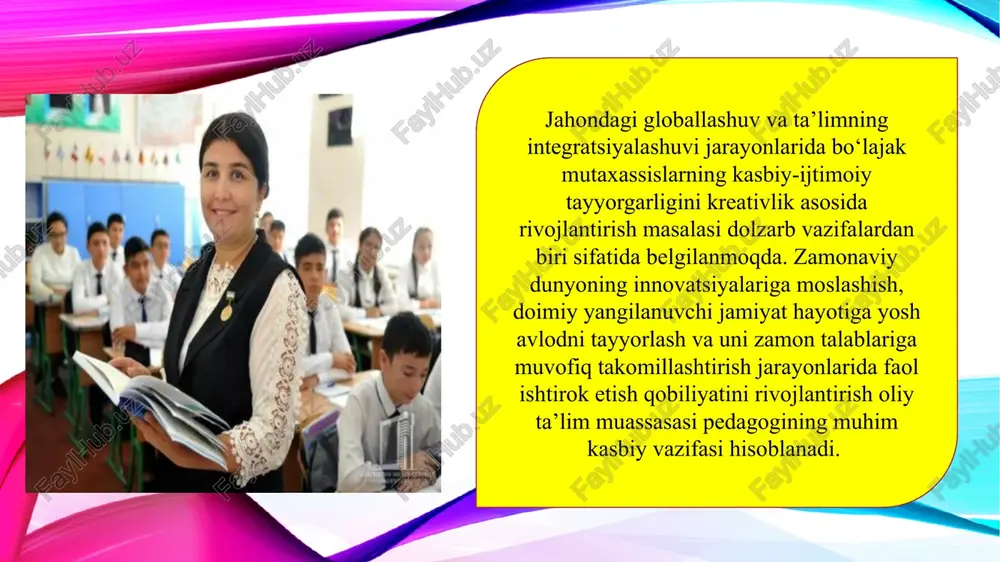 a insonlardagi tug‘ma qobiliyat, lekin hayoti davomida ma’lum ijtimoiy to‘siqlar natijasida yo‘qolib ketadi, deb hisoblaydi. a.x.maslou 1-yo‘l: kreativ fikrlash ko‘nikmasini shakllantirish 3-yo‘l: kreativ faoliyat jarayonlarni tashkil etish. 2-yo‘l: amaliy kreativ harakat ko‘nikmalarini rivojlantirish. 4-yo‘l: kreativ mahsulot (ishlanma)lardan foydalanish. patti drepeau tomonidan shaxs (jumladan, pedagoglar)da kreativlik sifatlarini muvaffaqiyatli rivojlantirishning to‘rtta yo‘li ko‘rsatilgan, bular: adabiyotlar: azizxo‘jaeva n.n. pedagogik texnologiyalar va pedagogik mahorat. — toshkent: fan va texnologiya, 2014. yuldashev j.g. innovatsion pedagogika asoslari. — toshkent: tdpu nashriyoti, 2020. abdullaeva g’. zamonaviy ta’limda kreativlik va innovatsion yondashuvlar. — toshkent: ilm ziyo, 2021. to‘raxo‘jayev n. o‘zbekiston ta’lim tizimida innovatsion yondashuvlar. — toshkent: ma’naviyat, 2018. g‘ofurova d., xolboyeva m. pedagogik innovatsiyalar va kreativ ta’lim. — andijon: andmi nashriyoti, 2022. e`tiboringiz uchun tashakkur! image2.png image3.jpeg image4.jpeg image5.jpeg image6.png image7.jpeg image8.jpeg image9.jpeg image10.jpeg image11.jpeg image1.png i] kreativ pedagogika fanini o’qitish shakllari bo’yicha foizli taqsimot (namuna o’gitish shakli foydalanish darajasi (%) interaktiv darslar (munozara, debat) 30% guruhli ishlar …
