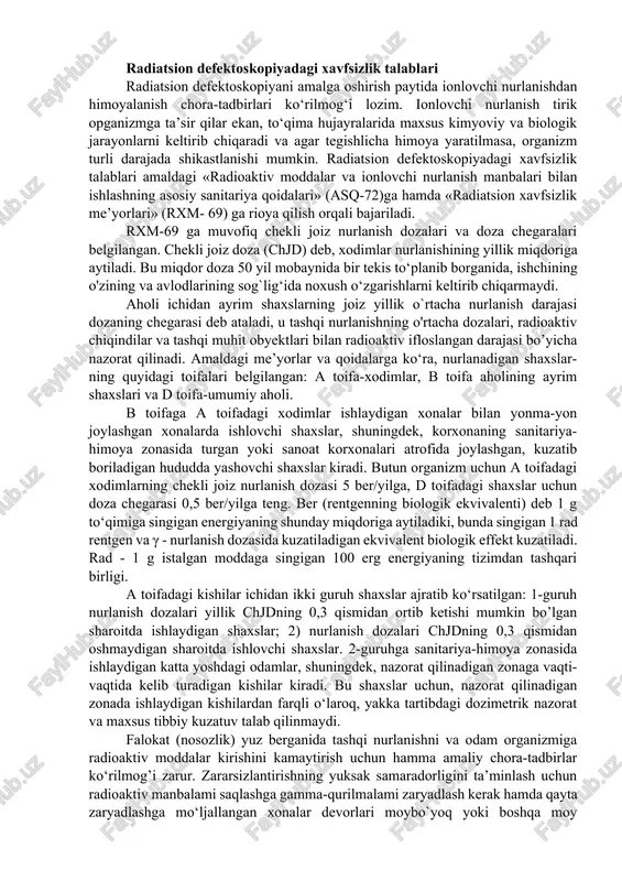 ratovushli defektoskopiyadagi xavfsizlik talablari ultratovushli defektoskoplar, asboblar va qurilmalar bilan ishlayotganda barcha elektr xavfsizligi qoidalariga arnal qilinmog‘i hamda yuqorida bayon etilgan talablar bajarilmog‘i lozim. idishlar ichidagi nazorat 12 v kuchlanishdan ta’minlanuvchi defektoskoplar bilangina amalga oshiriladi. defektoskopni har gal ishga tushirishdan oldin operator asbob yerga kamida 2,5 mm2 kesimli mis sim vositasida ishonchli ulanganligiga ishonch hosil qilishi zarur. defektoskoplar kam yuklangan elektr liniyalariga (yoritish tarmoqlariga) ulanmog'i darkor. bunday imkoniyat bo‘lmaganida esa, defektoskop tarmoqqa stabilizator orqali ulanishi kerak. ish o‘rnida rozetkalar bo‘lmaganida, defektoskopni elektr tarmog‘iga ulash va uzish ishlarini navbatchi elektrik bajarmog‘i lozim. operatorlarning olinadigan mexanizmlar tagida, noturg‘un konstruksiyalar ustida va defeksokoplarni elektr bilan ta’minlovchi simlar shikastlangan bo'lishi mumkin bo'lgan joylarda ishlashi qat’iyan taqiqlanadi. nazorat qilish jarayonida defektoskopni ochish va ta’mirlash man etiladi. operator foydalanadigan jihozlar, maydonlar, artish materiallari, latta-puttalar metall qutilarda saqlanishi zarur. nazorat joylari amaldagi sanoat korxonalarini loyihalashning sanitariya me’yorlari (sm 245-71)ga muvofiq tashkil etilmog`i darkor. epoksidli smolalar qo’llaniladigan ishlar …