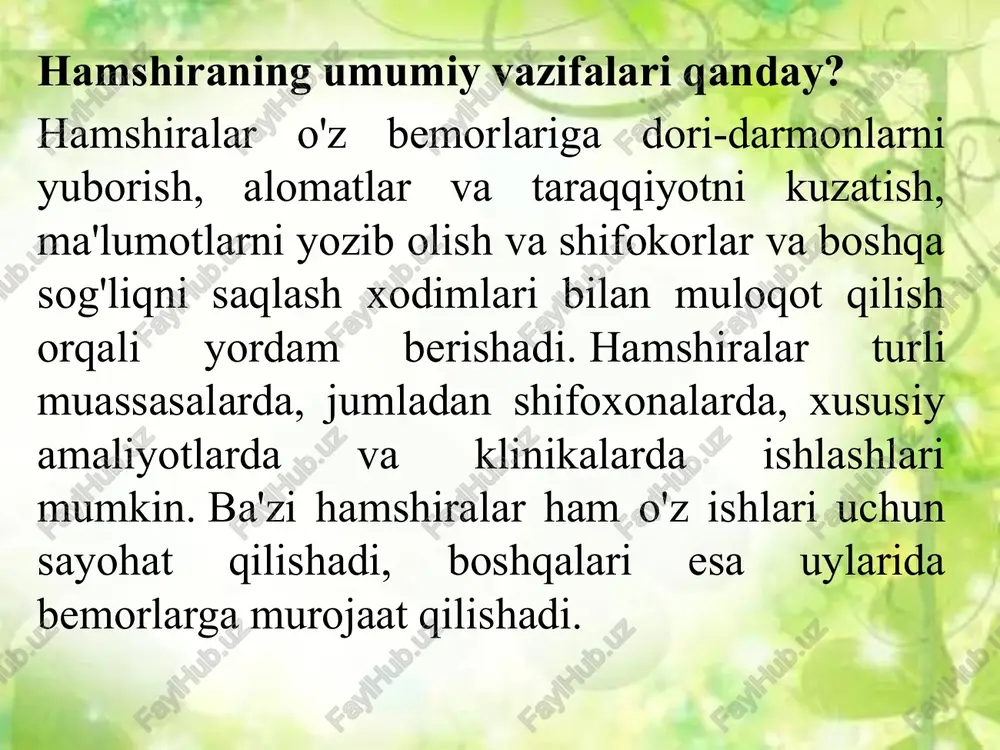 orqali xavfsiz sog'liqni saqlash muhitini ta'minlashga qaratilgan. mualliflarning ta'kidlashicha, nightingale oddiy maishiy xizmatni birinchi marta hamshiralik parvarishidan ajratib ko'rsatgan. bundan tashqari, mualliflar zamonaviy muhitga e'tibor qaratadilar va texnologiya rivojlanishiga qaramay, 21-asr talablari murakkab va ko'p qirrali bo'lib qolmoqda, deb ta'kidlaydilar. ko'p yillar davomida sog'liqni saqlash sharoitida bemorlarni parvarish qilishda turli xil usullar yoki yondashuvlar qo'llanilgan. emizikli bemorlarning ushbu turli usullari yoki yondashuvlari hamshiralik parvarishi modellari yoki tizimlari sifatida tanilgan. asosiy darajada, hamshiralik parvarishi modelining ta'rifi bemorlarni parvarish qilish qanday tashkil etilganligi yoki sog'liqni saqlash sharoitida bemorlarga hamshiralik yordamini ko'rsatish uchun hamshiralar qanday tayinlanganligi. tizim bemorlarni parvarish qilish natijalari uchun kim javobgar yoki javobgar ekanligini aytadi. biroq, ro'yxatdan o'tgan hamshiralar odatda sog'liqni saqlash sharoitida bemorlarni parvarish qilish natijalari uchun javobgar bo'lishini eslatib o'tish muhimdir. buning sababi shundaki, ular mas'uliyat va hisobga olish ma'lumotlari bilan birga keladigan bir nechta ish unvonlariga ega. yuqorida aytib o'tilganidek, bemorlarni parvarish qilishda sog'liqni saqlash mutaxassislari tomonidan …