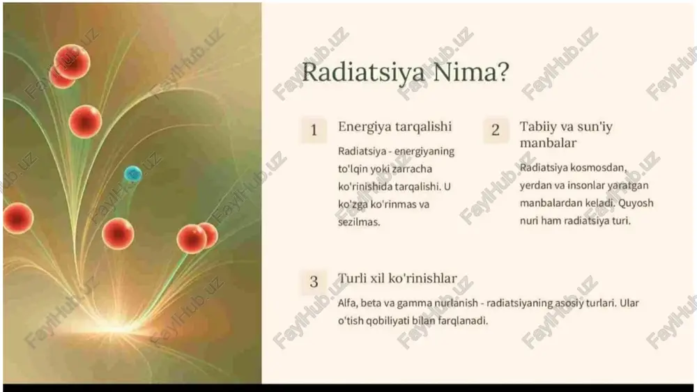siya xavfsizligini ta'minlash uchun qonunchilik va tartiblar 1 qonunchilik radiatsiya xavfsizligini ta'minlash uchun qonunlar va qoidalar. 2 nazorat radiatsion manbalarni nazorat qilish va ularni xavfsiz ishlatishni ta'minlash. 3 tarbiya radiatsiya xavfsizligi bo'yicha xabardorlikni oshirish. image1.png image2.png image3.png image4.png image5.png image6.png image7.png image8.png image9.png image10.png image11.png image12.png image13.png image14.png image15.png image16.png image17.png image18.png image19.png @ made with gamma radiatsiya nima? 4 _energiya tarqalishi 2 tabiiy va sun'iy c rae manbalar radiatsiya- energiyaning to'lqin yoki zarracha radiatsiya kosmosdan, ko'rinishida tarqalishi. u yerdan va insonlar yaratgan ko'zga ko'rinmas va manbalardan keladi. quyosh sezilmas. nuri ham radiatsiya turi. 3 turli xil ko'rinishlar alfa, beta va gamma nurlanish - radiatsiyaning asosiy turlari. ular o'tish qobiliyati bilan farqlanadi. radiatsiyaning salbiy ta'siri hujayralar shikastlanishi nurlanish kasalligi yuqori dozadagi radiatsiya kuchli nurlanish natijasida qon hujayra dnksini shikastlayell. ishlab chigarish buziladi. bu mutatsiyalar va saratonga immunitet pasayib, olib kelishi mumkin. infeksiyalarga moyillik ortadi. uzoqg muddatli ogibatlar ekologik zarar radiatsiya …