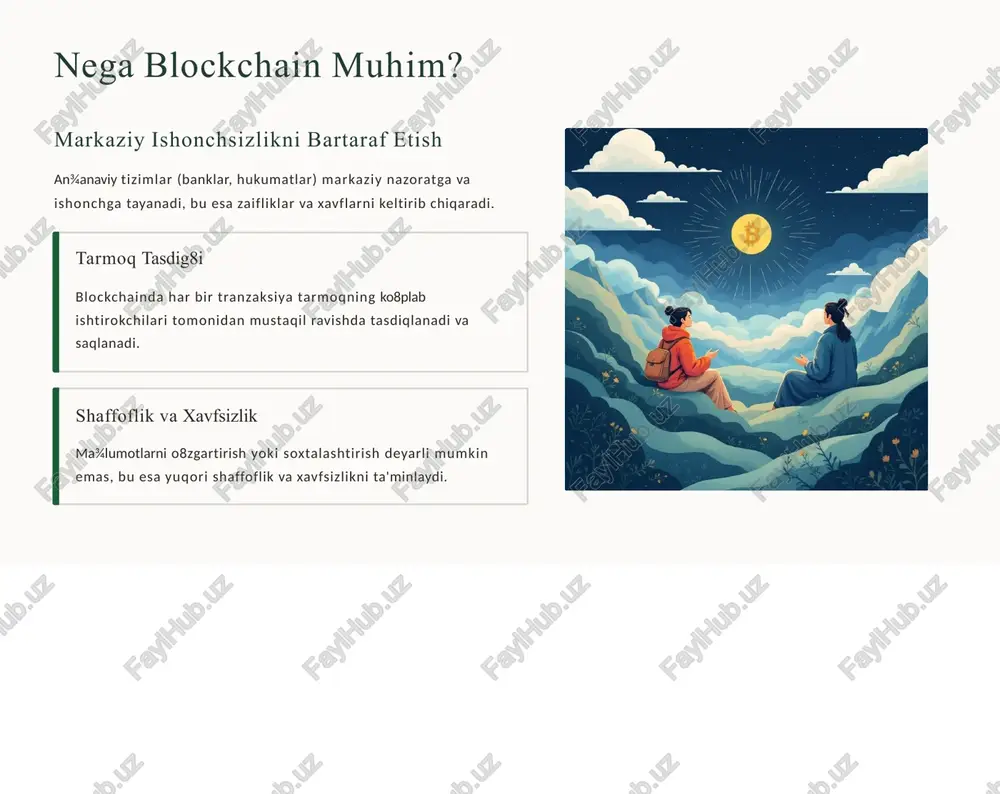o cheklovlar yuqori energiya sarfi proof-of-work kabi ba'zi konsensus mexanizmlari katta energiya resurslarini talab qiladi. texnik murakkablik texnologiyani tushunish va uni tatbiq etish nisbatan murakkab bo8lishi mumkin. regulyatsiya muammolari hukumatlar va regulyatorlar tomonidan aniq qoidalarning yo8qligi noaniqlik tug8diradi. kelajak va web3 inqilobi blockchain kelajakdagi internet, ya9ni web3 ning asosini tashkil etadi. web 1.0 read-only pages, static content web 2.0 interactive platforms, centralized control web 3.0 decentralized, blockchain-based ownership yirik kompaniyalar (jpmorgan, ibm, google) bu texnologiyaga sarmoya kiritib, nft (non-fungible tokens), defi, va metaverse kabi yangi imkoniyatlar ochmoqda. xulosa: blockchain bilan kelajakni quramiz ishonchli asos blockchain texnologiyasi ishonchli, shaffof va xavfsiz ma¾lumot almashinuvi uchun mustahkam asosdir. inqilobiy o8zgarishlar moliyadan tortib san'atgacha bo8lgan turli sohalarda fundamental o8zgarishlar keltirib chiqarmoqda. yetakchilik imkoniyati ushbu texnologiyani bugun o8rganish va tatbiq etish kelajakda raqobatbardosh bo8lishning kalitidir. blockchain – bu shunchaki texnologiya emas, bu dunyo bilan o8zaro munosabatda bo8lish usulimizdagi fundamental o8zgarishdir. image1.jpg image2.jpg image3.png image4.png image5.png …