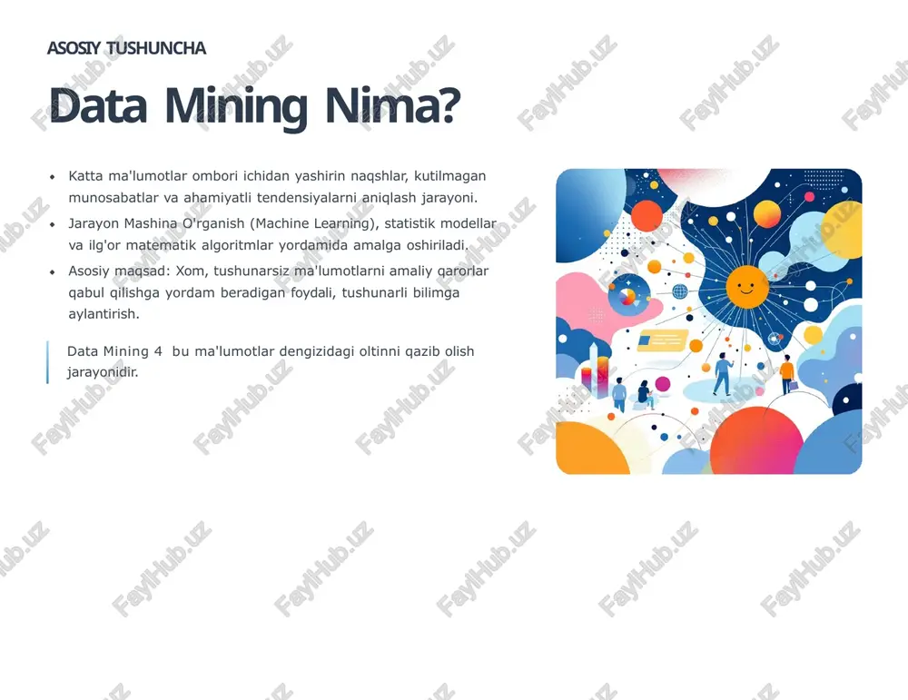 lumot tizimlarining umumiy tuzilmasini loyihalash. biznes tahlilchisi: ma'lumotlardan biznes qarorlari uchun foydalanish. o'zbekiston va big data ekosistemasi raqamli transformatsiya jarayonlari big data'ni o'zbekiston uchun ham strategik ustuvor yo'nalishga aylantirmoqda. digital initiatives government programs drive national digital transformation innovation potential new products and services boost the economy rising demand local firms seek skilled big data specialists davlat dasturlari mahalliy kompaniyalar va davlat idoralari ma'lumotlarni boshqarishning zamonaviy tizimlarini joriy qilmoqda. mutaxassislarga talab raqamli iqtisodiyot rivojlanishi bilan mahalliy bozor data mining va big data sohalarida kadrlar yetishmovchiligini sezmoqda. katta imkoniyatlar kelajakda ta'lim, moliya va telekommunikatsiya sohalarida big data asosida yangi innovatsion loyihalar yaratiladi. yakuniy xulosa ma'lumotlar asridagi kelajak ma'lumotlar hajmi va murakkabligi geosiyosiy tezlikda oshib borar ekan, data mining'ning ahamiyati yanada ortadi. kelajakda muvaffaqiyatga erishishning kaliti ma'lumotlarni tahlil qilish va ulardan foydali bilimlar olish qobiliyatiga bog'liq. to'g'ri tahlil: eng yaxshi qarorlar faqat sifatli va chuqur tahlilga asoslanadi. texnologik evolyutsiya: ai va ml yordamida …
