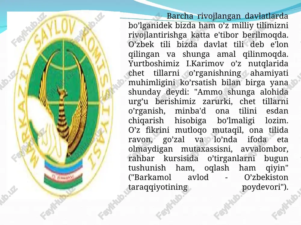 ’rinishini boshqara olish ko’nikmasini shakllantirishi kerak. og’zaki nutqning yana bir xususiyati uning improvizatsiya xarakterida ekanligidir. tajribali o’qituvchi tekstga yoki konspektga qaramasdan gapiradi, o’quvchi uni tinglay turib, so’z va ifodalar birdan tug’ilayotganligini ko’radi. shunday holat vujudga keladiki, guyoki o’qituvchi bu haqiqatni fikrlarini birinchi marta o’quvchilar bilan ochayotgandek bo’ladi. darsdan tashqari muloqotda bularning ahamiyati yanada katta bo’ladi. ko’p narsa o’qituvchining individual muloqot uslubiga ham (qurquvga asoslangan, o’yinga, do’stona aloqaga asoslangan), muloqot doirasidagi sotsial xarakterlariga ham bog’liq bo’ladi. o’qituvchi nutqining xususiyati u avvalo o’quvchilarga qaratilgan va yo’naltirilgan bo’ladi. o’qituvchi monologi ham o’quvchilar bilan ichki dialog shaklida bo’ladi. uning nutqida birgalikdagi ish uchun gapirish bo’ladi: "birgalikda o’ylab ko’raylik", "o’ylaymanki, bu ishlar qiziqtiradi", "siz albatta esladingiz" va boshqalar. a d a b i yo t l a r 1. barkamol avlod - o’zbekiston traqqiyotining poydevori. t.1998. 2. kaykovus "qobusnoma". t.1993. 3. a.navoiy "mahububul - qulub" t.1983. 4. m.o.ochilov, n.ochilova. o’qituvchi odobi. t.o’qituvchi 1997 y. 5. …