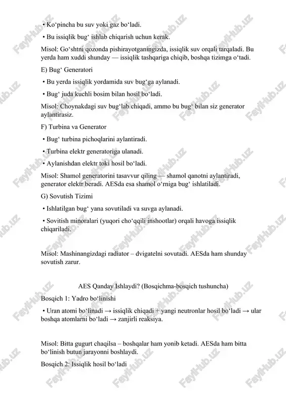 og‘ir suvli reaktor) • og‘ir suv ishlatiladi (bu og‘ir molekulali suv — d₂o). • kanada ishlab chiqqan candu reaktori bunga misol. 4. gcr (gaz bilan sovitiluvchi reaktor) • coolant sifatida gaz ishlatiladi (masalan, karbonat angidrid, geliy). • moderator esa grafit. 5. ⚖️ afzalliklari va kamchiliklari afzalliklari: 1. ko‘p energiya beradi – bitta aes butun shaharni ta’minlaydi. 2. kam chiqindi – gaz va tutun chiqarmaydi. 3. yonilg‘i uzoq vaqtga yetadi – uran uzoq ishlatiladi. 4. mustaqillik – neft yoki gazga qaramlik kamayadi. kamchiliklari: 1. avariya xavfi – noto‘g‘ri ishlasa, kuchli portlash yoki radioaktiv tarqalish bo‘lishi mumkin. • misol: çernobil (1986), fukushima (2011). 2. chiqindilar – radioaktiv chiqindilar ming yillar saqlanishi kerak. 3. qimmat – aes qurilishi va xizmat ko‘rsatishi juda qimmatga tushadi. xulosa atom elektr stansiyasi — bu juda kuchli, ammo ehtiyotkorlik bilan ishlatilishi kerak bo‘lgan energiya manbai. to‘g‘ri boshqarilsa, u atrof-muhitga kam zarar keltiradi va katta miqdorda elektr ishlab chiqaradi. …