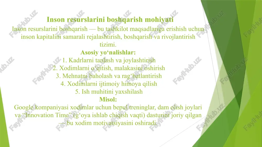 tadi va rahbarlik ko‘nikmalarini rivojlantiradi. misrda ijtimoiy munosabatlar • mehnat kodeksi xodim huquqlarini himoya qiladi. • ayollar va yoshlar bandligini oshirish uchun “women empowerment strategy 2030” ishlab chiqilgan. • kasaba uyushmalari faol ishlaydi. • ishchilar uchun tibbiy sug‘urta, pensiya va ijtimoiy yordam tizimlari mavjud. • ish joylarida sog‘lom muloqot, hamkorlik va ijtimoiy tadbirlar rivojlanmoqda. misol: misr banklari har yili “employee wellness week” o‘tkazib, sog‘liq va psixologik qo‘llab-quvvatlash tadbirlarini tashkil etadi. xulosa • rivojlangan mamlakatlarda hr tizimi insonni eng muhim kapital sifatida ko‘radi. • ijtimoiy munosabatlar — samarali boshqaruvning poydevori. • xodimning qadri, farovonligi va rivoji korxona muvaffaqiyatiga bevosita ta’sir qiladi. • misr tajribasi shuni ko‘rsatadiki, inson kapitaliga e’tibor davlat barqarorligini mustahkamlaydi. • kelajakda barcha davlatlar uchun asosiy maqsad — inson markazida bo‘lgan boshqaruv tizimini yaratishdir. e’tiboringiz uchun raxmat image1.jpg image2.jpg image3.png sotsial munosabatlar ¢ — bu, ijtimoity munosabatlarning butun bir tizimi mujassamlashgandir. een) euan i larsen €3~ more bpon age. …