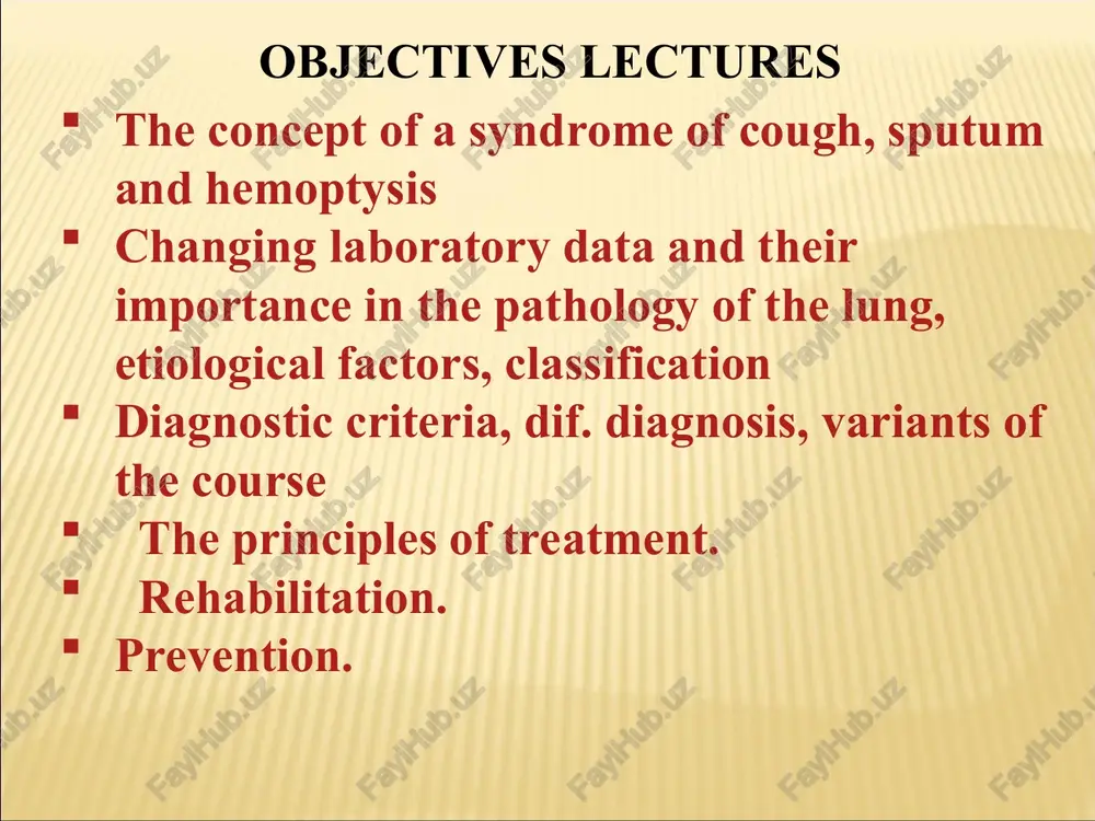 k. with a deep breath - is observed when adhesive processes in the area of ​​the bifurcation of the trachea. a celebrated only in a standing position -. observed tensile diaphragm tumor of the chest and abdominal pathology. cila cough hysterical cough hacking cough timbre cough short and careful cough barking cough muted cough soundless cough voytsed honor sugh husky cough the duration of cough sharp - less than two weeks protracted - 2-4 weeks infraspinous - 4-8 weeks chronic - more than 2 months the most common satellites are cough sputum, and dyspnea. sputum (m) - is a pathological secretion of the respiratory tract that is allocated when you cough or expectoration. number of sputum the amount may vary from small, spitting into multiple, up to 50 ml per day in simple bronchitis and to a significant increase in 200-300 ml bronchiectasis, lung abscesses. constant copious liquid, sometimes frothy …