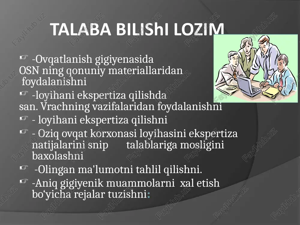 h huquqi chiqqandan boshlab 15 kundan oshmasligi kerak. sanitar tashkilotlarga ishdan chetlatish huquqi xam beriladi. agar bemor yoki bakteriya tashuvchi aniqlansa, ishdan chetlatish doimiy yoki vaqtinchalik bo‘lishi mumkin. ishni xisoblash va xujjatlashtirish. sanitar nazorat bo‘yicha kundalik ish xar bir bajaruvchi tomonidan kundalikka qayd qilib boriladi va maxsus xujjatlar bilan tasdiqlanadi. bu xujjatlar asosida keyinchalik yillik xisobotlar tuziladi.ovqatlanish gigiyenasibo‘yicha sanitar vrachining birlamchi xujjatlariga quyidagilar kiradi 1.ogohlantiruvchi san.nazorati bo‘yicha yer tanlashda, xonalarni qurishda,loyihani qurishga,yangi maxsulotlar retsepturasiga xulosalar berishga. 2.joriy xamda ogohlantiruvchi nazorat bo‘yicha tekshiruv dalolatnomalari. 3.sog‘lomlashtirish tadbirlari, bo‘yicha reja kompleks rejalar xamda ularning idoralari bo‘yicha tekshiruv dalolatnomalari. 4.ovqatdan va kasbiy zaxarlanish bo‘yicha bildirishlar. 5.labaratoriya tekshiruvlarini protokollari. 6.ob'ektlar ro‘yxati. 7.qarorlar, jarimalar xaqida protokollar. 8.ekspertiza dalolatnomalari.(oziq –ovqat maxsulotlari xamda oziq - ovqat uchun ishlatiladigan sanoat maxsulotlari, idishlar, o‘rov materiallari) 9.guruhlarni sanitar o‘qitish bo‘yicha ma'ruzalar o‘tkazishga yo‘llanma,imtixon o‘tkazganligi to‘g‘risidagi protokollar. 10.labaratoriya tekshiruvi uchun na'muna olish protokollari. 11aholidan tushgan shikoyatlar va ularga javoblar. 12.jarima xaqidagi qarorlar. …