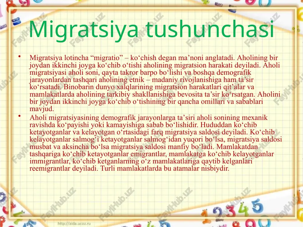o’lgan migratsiyalar, xix – xx asr boshidagi migratsiyalar, birinchi jahon urushidan keyingi migratsiyalar, ikkinchi jahon urushidan keyingi migratsiyalar va hozirgi zamon migratsion harakatlari davrlariga bo’lish mumkin. qadimgi migratsiyalar qadimgi aholi migratsiyalariga “xalqlarning buyuk ko‘chishi” ya’ni ilk o‘rta asrlarda turkiy qabilalarning yevrosiyo bo‘ylab markaziy osiyodan g‘arbiy yevropagacha etib borishi, german qabilalarining markaziy va shimoliy yevropaga tarqalishi, slavyan qabilalarining sharqiy yevropaga tarqalishi; o‘rta asrlarda arab va mo‘g‘ul bosqinchilik yurishlari, kichik osiyoning turklar tomonidan egallanishi va yevropaga yurishi, ayni vaqtda ekvatorial afrika hududidan bantu xalqlarining janubiy afrikagacha tarqalishi jarayonlarini kiritamiz. buyuk geografik kashfiyotlar davridagi migratsiyalar xv-xvi asrlarda yangi migratsion harakatlarning yuzaga kelishiga sabab bo‘lgan buyuk geografik kashfiyotlar davridagi yevropaliklarning va ularning qul savdosi tufayli afrikaliklarning amerika qit’asiga ko‘chishi(xviii asrning ikkinchi yarmida yevropadan 1 mln atrofida kishilar amerikaga borib o‘rnashishgan); ruslarning sibirni o‘zlashtirishga kirishish davridir. yangi yerlarning ochilishi xix asr oxiri, xx asr birinchi yarmidagi migratsiyalar xix asr va xx asrning boshida sodir bo‘lgan …