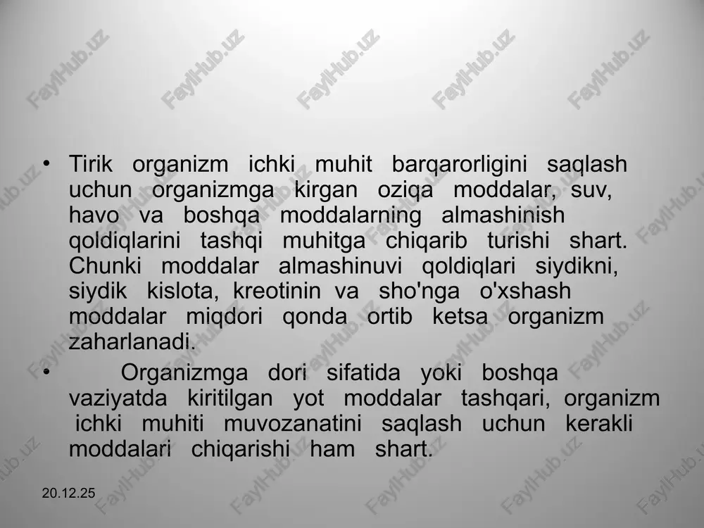 voridan silqib o’tadi. bu jarayonni filtirlanish jarayonni deyiladi. filtirlanish natijasida hosil bo’lgan suyuqlikni dastlabki siydik deyiladi. dastlabki siydik tarkibiy qismiga ko'ra qon plazmasiga yaqin turadi. shuning uchun dastlabki siydik birlamcha va ikkilamcha burama naylardan o’tish jarayonida nay devorlaridagi qon kapilyarlariga organizmga zarur bo’lgan moddalar ( suv, aminokislotalar, mineral tuzlar va boshqa moddalar ) qaytadan so’riladi. bu jarayonni reabsorbsiya jarayoni ( qayta so’rilish ) deydilar. shu yo'l bilan qon osmatik bosimi va tarkibiy qismi muvozanati saqlanadi. * kanalchalarda qayta so’rilish jarayonidan keyin qolgan suyuqlik ikkilamchi siydik yoki oxirgi siydik deyladi. oxirgi siydik buyrak jomidan siydik yo'llari, orqali qovuqqa tushib yig'iladi va ma’lum xajmda yig'ilgandan so'ng reflektor ravishda organizmdan jinsiy bezlar siydik yo'li orqali tashqariga ajratiladi. odam bir kunda 1,5 l. siydik ajratadi. ohirgi siydik 1,5 l. bo’lishi uchun filtirlanadigan birlamchi siydik tahminan 100 l. bo’lishi, shundan 98,5 l. qaytadan qonga so’rilishi kerak. odam buyraklarining tomirlarining 24 soatda 800 – 900 l. …
