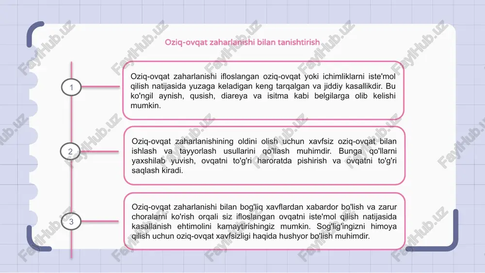 ya qilish va yuqori xavfli oziq-ovqatlarni yodda tutish orqali siz oziq-ovqat zaharlanishi ehtimolini sezilarli darajada kamaytirishingiz mumkin. xabardor bo'ling, yaxshi gigiena qoidalariga rioya qiling va kundalik ishingizda oziq-ovqat xavfsizligini doimo birinchi o'ringa qo'ying. uyda ovqatdan zaharlanishning oldini olish oziq-ovqat zaharlanishi uyda jiddiy xavf hisoblanadi. buning oldini olish uchun har doim qo'llarni, idishlarni va yuzalarni yuving. go'shtni yaxshilab pishiring va qoldiqlarni zudlik bilan sovutib oling. o'zaro kontaminatsiya va to'g'ri saqlashga e'tibor bering. yaroqlilik muddatiga e'tibor bering va xavfsiz oziq-ovqat bilan ishlashni mashq qiling. turli xil ovqatlar uchun xavfsiz pishirish harorati haqida o'rganing. oshxonani toza tuting va oziq-ovqat xavfsizligi qoidalariga rioya qiling. hushyor va faol bo'lish orqali siz uyingizda oziq-ovqat yuqadigan kasalliklar xavfini kamaytirishingiz mumkin. 1 2 3 restoranlarda oziq-ovqat xavfsizligi restoranlarda ovqatdan zaharlanishning oldini olish, oziq-ovqat mahsulotlarini to'g'ri saqlash, saqlash va pishirish amaliyotini ta'minlash orqali mumkin. gigiena me'yorlariga rioya qilish ifloslanish va kasalliklarning oldini olish uchun juda muhimdir. restoran xodimlarini oziq-ovqat …