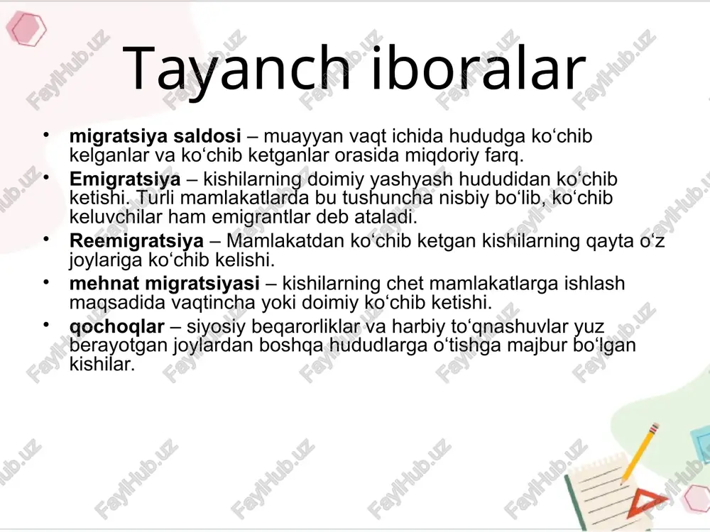 blarga ko‘ra xohlagan yonalish vaqtga ko‘chishlaridir majburiy migratsiya – kishilarning turli sabablarga ko‘ra yashab turgan hududlaridan chiqib ketishga majbur bo‘lishlari, yoki hukumat tomonidan ko‘chirilishidir migratsiya shakllari ixtioriy majburiy migratsiyaning tashkil qilinishiga ko‘ra usullari tartibli - ya’ni aholining muayyan vaqt ichida, transport va boshqa vositalar bilan ta’minlangan holda ko‘chishi; tartibsiz – aholining o‘z holicha ko‘chishi. migratsiyaning tashkil qilinishiga ko‘ra usullari tartibli tartibsiz migratsion harakatlar tarixi eng katta ahamiyatga ega bo’lgan dunyo aholisi migratsiyalarini tarixiy-geografik nuqtai nazardan tahlil qilinganda bu migratsiyalarni asosan xix asrgacha bo’lgan migratsiyalar, xix – xx asr boshidagi migratsiyalar, birinchi jahon urushidan keyingi migratsiyalar, ikkinchi jahon urushidan keyingi migratsiyalar va hozirgi zamon migratsion harakatlari davrlariga bo’lish mumkin. qadimgi migratsiyalar qadimgi aholi migratsiyalariga “xalqlarning buyuk ko‘chishi” ya’ni ilk o‘rta asrlarda turkiy qabilalarning yevrosiyo bo‘ylab markaziy osiyodan g‘arbiy yevropagacha etib borishi, german qabilalarining markaziy va shimoliy yevropaga tarqalishi, slavyan qabilalarining sharqiy yevropaga tarqalishi; o‘rta asrlarda arab va mo‘g‘ul bosqinchilik yurishlari, kichik …