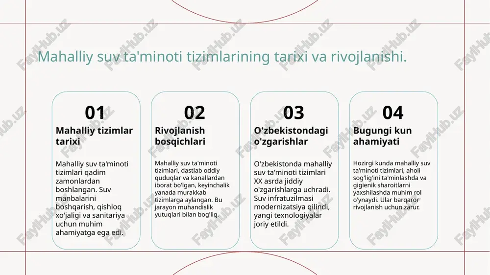 uvning sifatini pasaytiradi, bu esa aholi sog'lig'iga salbiy ta'sir ko'rsatadi. 3 ta'minotning uzilishi - suv ta'minoti tizimlarida uzilishlar, asosan, infratuzilma nosozliklari va energiya ta'minotidagi muammolar tufayli sodir bo'ladi, bu esa aholining hayot sifatini pasaytiradi. 4 yechimlar va takliflar - suv ta'minotini yaxshilash uchun zamonaviy texnologiyalarni joriy etish, ekologik toza manbalarni rivojlantirish va ta'minotni barqarorlashtirish zarur. suv ta'minoti va gigiena: sog'liqni saqlashda ahamiyati. suv ta'minoti gigienasi suv ta'minoti gigienasi toza va xavfsiz suv manbalarini ta'minlashni o'z ichiga oladi, bu esa odamlarning sog'lig'ini saqlashda muhim ahamiyatga ega. kasalliklarning oldini olish to'g'ri suv ta'minoti sanitariya sharoitlarini yaxshilaydi va infeksiya tarqalishini kamaytiradi, bu esa sog'liqni saqlash tizimiga yukni kamaytiradi. ijtimoiy va iqtisodiy ta'sir sifatli suv ta'minoti aholi farovonligini oshiradi, iqtisodiy o'sishni qo'llab-quvvatlaydi va ijtimoiy barqarorlikni ta'minlaydi. markazlashgan va mahalliy tizimlarning gigienik farqlari. 1 markazlashgan tizimlar markazlashgan suv ta'minoti tizimlari odatda keng ko'lamli qatnov va sanitariya talablariga javob beradi, buning natijasida gigiena darajasi yuqori bo'ladi. …