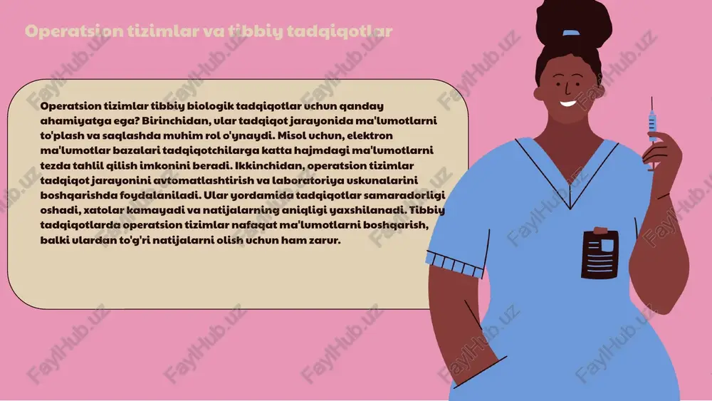 ni shifrlash orqali ularning maxfiyligini ta'minlash. 2. autentifikatsiya: foydalanuvchilar uchun kuchli parollar va ikki bosqichli autentifikatsiya tizimlari. 3. ruxsat berish: foydalanuvchilarga kerakli ma'lumotlarga kirish huquqini berish. xulosa operatsion tizimlar tibbiy tadqiqotlarda ma'lumotlar xavfsizligini ta'minlash imkoniyatlarini yaratadi. xavfsizlik choralarini kuchaytirish orqali tadqiqotlarning samaradorligi va ishonchliligini oshirish mumkin. photo by tom claes on unsplash 1. 2. 3. 4. texnologik innovatsiyalar operatsion tizimlar tibbiy tadqiqotlar uchun ma'lumotlarni yig'ish va tahlil qilishda muhim rol o'ynaydi, yangi davolash usullarini ishlab chiqish imkonini beradi. misollar elektron sog'liqni saqlash yozuvlari (ehr) tibbiy tadqiqotlarda ma'lumotlarni tez va samarali yig'ish imkonini beradi, shuningdek, sun'iy intellekt yordamida tahlil qilinadi. amaliyotlar operatsion tizimlar tibbiy tadqiqotlarni boshqarishda, klinik sinovlar o'tkazishda va bemor ma'lumotlarini saqlashda katta ahamiyatga ega. natijalar va kelajak kelajakda operatsion tizimlar tibbiy tadqiqotlarni rivojlantirish uchun yangi imkoniyatlarni taqdim etishi kutilmoqda. 01. 03. 02. 04. kelajakda operatsion tizimlar va tibbiy tadqiqotlar kelajakda operatsion tizimlar va tibbiy tadqiqotlar zamonaviy texnologiyalar yordamida yangilanadi. …