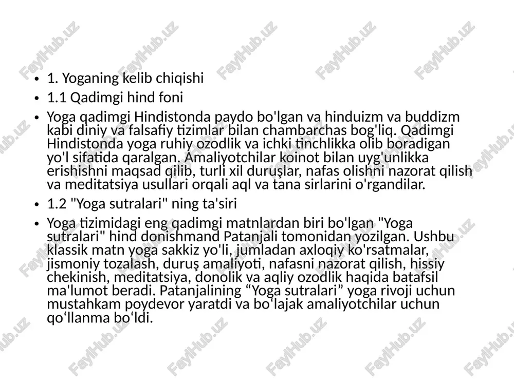 onaviy ta'siri 3.1 jismoniy va ruhiy salomatlikni mustahkamlash tanani mashq qilish usuli sifatida yoga noyob afzalliklarni taqdim etadi. duruş amaliyoti va nafasni nazorat qilish orqali yoga moslashuvchanlikni, kuchni va muvozanatni oshirishga yordam beradi, shuningdek, yurak-qon tomir funktsiyasi va metabolizmni yaxshilaydi. bundan tashqari, yoga stressni engillashtiradi, uyquni yaxshilaydi, his-tuyg'ularni tartibga soladi va umumiy jismoniy va ruhiy salomatlikni mustahkamlaydi. 3.2 ma'naviy o'sishga yordam berish yoga nafaqat jismoniy mashqlar shakli, balki aql, tana va ruhning uyg'unligi va birligiga erishish yo'lidir. meditatsiya va nafasni nazorat qilish usullari orqali yoga odamlarga o'zlarining ichki dunyosini o'rganishga, ularning salohiyati va donoligini kashf etishga yordam beradi. amaliyot va mulohaza yuritish orqali yoga amaliyotchilari asta-sekin ichki tinchlik va ozodlikka erishib, yuqori ruhiy darajalarga erishishlari mumkin. 3.3 ijtimoiy va madaniy integratsiyani rivojlantirish zamonaviy jamiyatda yoga mashhur ijtimoiy faoliyatga aylandi. odamlar yoga mashg'ulotlari va yig'ilishlar orqali hamfikr do'stlari bilan bog'lanib, yoga ong va tanaga olib keladigan quvonchni baham ko'rishadi. yoga, shuningdek, …