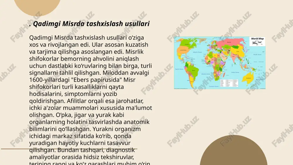anish va jismoniy faollikni saqlash muhim hisoblangan. tibbiy maslahatlar orasida bodom, yong‘oq va mevalar kabi tabiiy mahsulotlar iste'moliga urg‘u berilgan. shuningdek, suvni toza va mo‘tadil iste'mol qilish tavsiya etilgan. zardusht davrida ruhiy va jismoniy muvozanatni saqlash, stressni kamaytirish uchun meditatsiya va ibodat qilish ham muhim bo‘lgan. bu davr tibbiyotida kasalliklarning oldini olishga katta e’tibor qaratilgan bo‘lib, sog‘lom turmush tarzini shakllantirish orqali uzoq va baxtli hayot kechirish asosiy maqsad hisoblangan. qadimgi sharq mamlakatlarida tashxislash usullari qurbonova shaxnoza e'tiboringiz uchun raxmat! image1.png image2.png image3.png image4.jpg image5.png image6.jpg ena 7 ~ atlantic ocean gulf of mexico vee) the bahamas 4 p et inican republic sint kits and neve janioica “puerco snagun and borbuse sonne caribbean sea, si « barbados ‘remade papare fall 4 tinded ond ‘ . pacific ocean hawaii ws) pacific ocean wal ern oe ee 19 kon stoma kong bay of bengal : micronesia’. marshall islands solomon cig 9 ¥ islands …
