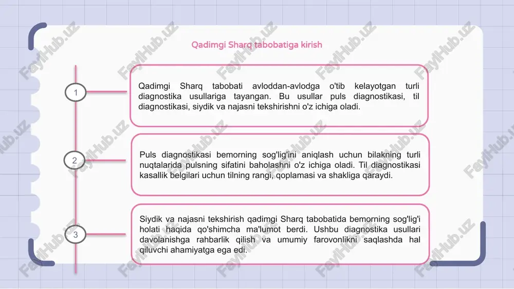 r va o'simliklardan foydalanish insondagi asosiy nomutanosiblik va kasalliklarni aniqlashda muhim ahamiyatga ega edi. an'anaviy koreya tibbiyotida o'simlik diagnostikasi insonning umumiy farovonligiga qaratilgan. bemorda mavjud bo'lgan nozik belgilar va alomatlarni tahlil qilib, an'anaviy koreys tibbiyoti amaliyotchilari o'zlarining sog'lig'i bilan bog'liq muammolarni hal qilish uchun shaxsiylashtirilgan o'simliklarni davolash usullarini yaratishlari mumkin. 1 2 3 an'anaviy vetnam tibbiyotida diagnostika usullari qadimgi sharq tabobati salomatlik nomutanosibligini aniqlash uchun turli diagnostika usullaridan, masalan, yurak urishi va tilni tekshirishdan foydalangan. an'anaviy vetnam tibbiyoti kasallikning aniq tashxisini qo'yish uchun bemorning alomatlarini kuzatish, siydik tahlili va so'roqqa tayangan. ushbu amaliyotlardagi diagnostika usullari tananing ichki energiyasi, ya'ni qi sifatida tanilgan, umumiy salomatlikni boshqaradi, degan ishonchga asoslangan edi. qadimgi sharq tabobatida diagnostika usullarining qiyosiy tahlili qadimgi sharq tabobatida diagnostika usullari yaxlit yondashuvga asoslangan bo'lib, nafaqat simptomlarni, balki bemorning umumiy farovonligini ham tahlil qiladi. diagnostika usullarini qiyosiy tahlil qilish puls diagnostikasi, tilni tekshirish va kuzatish orqali naqshni aniqlash kabi turli …