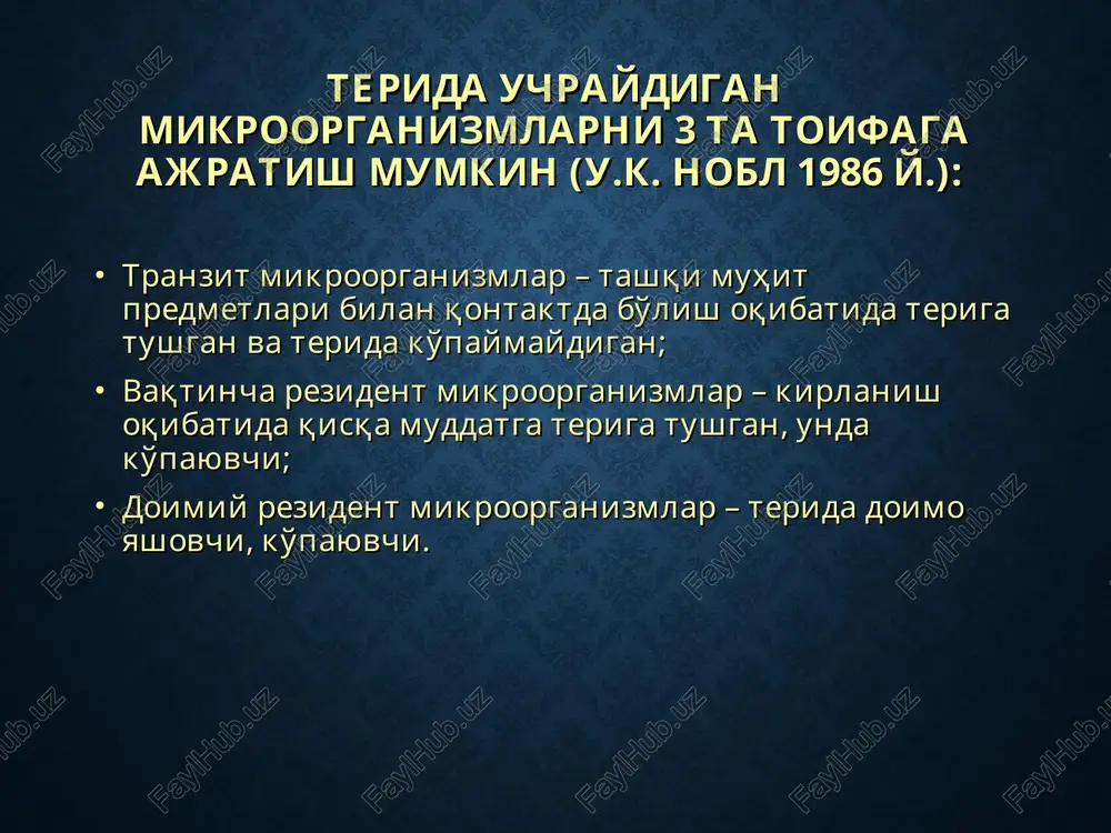 ng emirilib abstsesslanuvchi follikuliti va peri- follikuliti e) chandiqlanuvchi follikulit j) keloid xusnbuzar z) chaqmoq tezligidagi, tezkor akne k) boldirlarning pustulez va atrofik dermatiti l) blastomikozsimon piodermiya m) yuz piodermiyasi n) kollikvativ silga o'xshash piodermiya o) vegetatsiyalovchi piostomatit p) olat va moyak xaltasining gangrenasi stafilokokli piodermitlar stafilokokkli piodermitlarda kasallik jarayoni asosan terining hosilalarida – soch follikulalari, yog' va ter bezlarida rivojlanadi. stafilokokkli piodermitlarda pustula (madda) konus yoki yarimsharsimon shaklda, pustulalarning qobig'i nisbatan qalin, tarang bo'lib, ichidagi yiring qo'yiqroq, sariq-zangori tusdadir, markazida esa ko'pincha soch (tuk) ko'rinib turadi. faqat kichik yoshdagi bolalardagina stafilokokklar terida soch-yog' follikulalari va ter bezlariga aloqasi bo'lmagan, silliq terida joylashgan yuzaki pufaklar hosil qiladi. streptokokli piodermitlar streptokokklar stafilokokklarga o'xshab yog'-soch apparati va ter bezlarini jarohatlamay, balki silliq terini, ayniqsa burmalarni jarohatlaydi. streptodermiyalar, odatda yuzaki xarakterga egadir. shaffof suyuqlikli va periferik tarqalishga moyil, tarang bo'lmagan pufak-fliktena birlamchi element bo'lib hisoblanadi. nozik teriga ega bo'lgan bolalar va ayollar ko'proq …