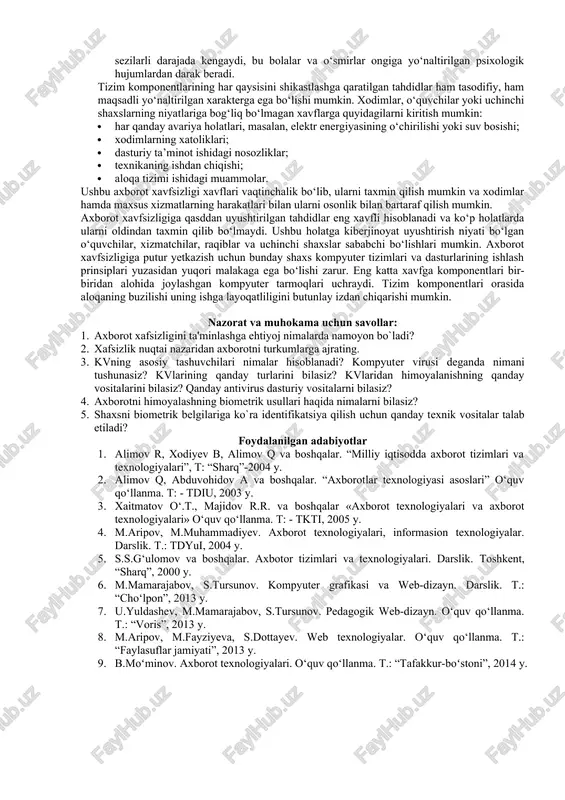 dasturimiz bank tizimi va qolgan ijtimoiy sohalardagi kerakli axborotlarni muxofazasini ta`minlaydi. bu kriptografik dasturning yaratilishi favqulotda holat emas balki bu taraqqiyot va davr talabidir. insoniyat zamon bilan ham nafas ravishda rivojlanib boradi. zamonning shakllanishi esa taraqqiyotga bog`liq, taraqqiyotni o`zgartirish esa bizning qo`limizda. agar biz yaratgan dasturning muhofaza tizimi bo`lmaganda edi, uning oqibatlari ancha ayanchli tarzda tugagan bo`lardi. buning oqibatlariga misol keltiradigan bo`lsak, bularga: mamlakatda bank tizimidagi islohotlarga salbiy tasir ko`rsatishi mumkin, bank tizimida ko`pdan-ko`p qaroqchilik holatlari bo`lishi mumkin, ta`magirlikga yo`l qo`yilishi mumkin, begona shaxslarning bank faoliyatiga to`g`ridan-to`g`ri aralashish hollari kuzatilishi mumkin va bank mijozlarining omonatlari muhofazasining susuayishiga olib kelishi mumkin. bu holatlarning eng yomon tomoni shundaki, mamlakat iqtisodiyotining barqaror rivojlanishiga o`zining salbiy ta`sirini ko`rsatmay qolmaydi. hozir biz faqatgina bank tizimi nuqtai nazaridan kelib chiqib shunday xulosaga kelyapmiz. agar jamiyatning boshqa sohalaridan kelib chiqib gapirganimizda edi, uning oqibatlari anchagina ayanchli bo`lardi. ta’lim muassasalarining axborot xavfsizligi tushunchasiga axborot makonini va shaxsiy ma’lumotlarning …