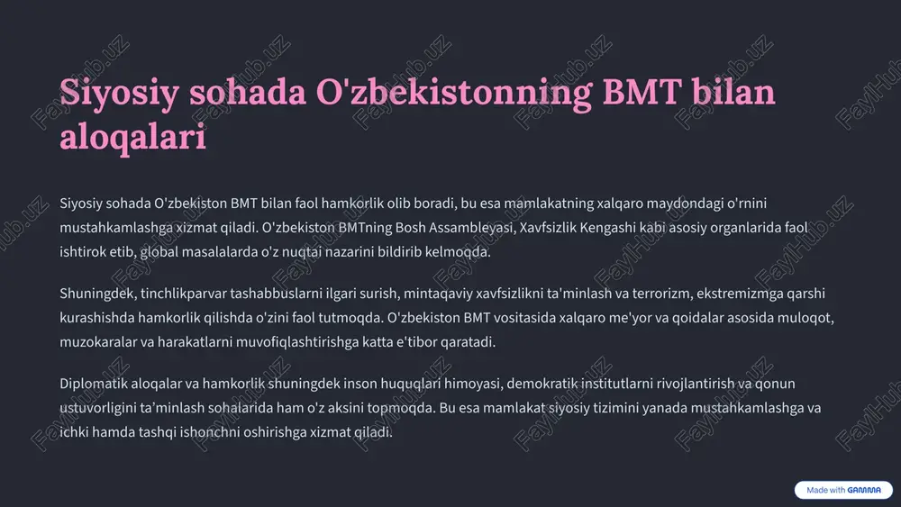 hamkorlik inson huquqlari, sog'liqni saqlash, ta'lim va ijtimoiy himoya tizimini rivojlantirishga qaratilgan. unicef, who kabi bmt agentliklari o'zbekistonda bolalarni himoya qilish, ruhiy va jismoniy sog‘liqni yaxshilash, sifatli ta'limni ta'minlash kabi loyihalarni amalga oshirmoqda. ijtimoiy barqarorlikni ta’minlash maqsadida tavallud ko'rish, mehnat shartlari, gender tengligini oshirish va chetga chiqmaydigan sust emotsional va moddiy yordam dasturlariga alohida e'tibor qaratiladi. 2020-2023 yillarda ijtimoiy xizmatlar va jamiyatning zaif qatlamlarini qo'llab-quvvatlash bo‘yicha bir qator dasturlar muvaffaqiyatli amalga oshirildi. bu sohadagi hamkorlik aholining turmush darajasini yaxshilash, ishsizlikni kamaytirish va pandemiyadan keyingi tiklanish jarayonini jadallashtirishda muhim omil bo‘lib xizmat qiladi. 5 ekologik masalalarda hamkorlik strategiyalari o'zbekiston va bmt ekologik xavfsizlik va atrof-muhitni muhofaza qilish sohasida yaqindan hamkorlik qiladi. ko'pgina loyihalar suv resurslarini tejash, qishloq xo'jaligi barqarorligini ta'minlash hamda havoning ifloslanishini kamaytirishga qaratilgan. bmtning atrof-muhit dasturi bilan birgalikda iqlim o'zgarishi ta'sirini kamaytirish va bioxilma-xillikni saqlashga oid milliy strategiyalar ishlab chiqilmoqda. bu doirada qayta tiklanadigan energiya manbalarini joriy etish, chiqindilarni …